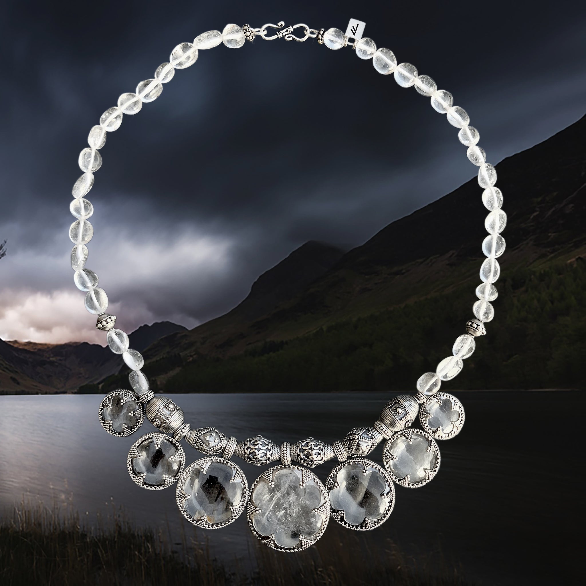 7 Lens Rock Crystal & Silver Filigree Necklace from Gotland with Large Central Quartz Crystal