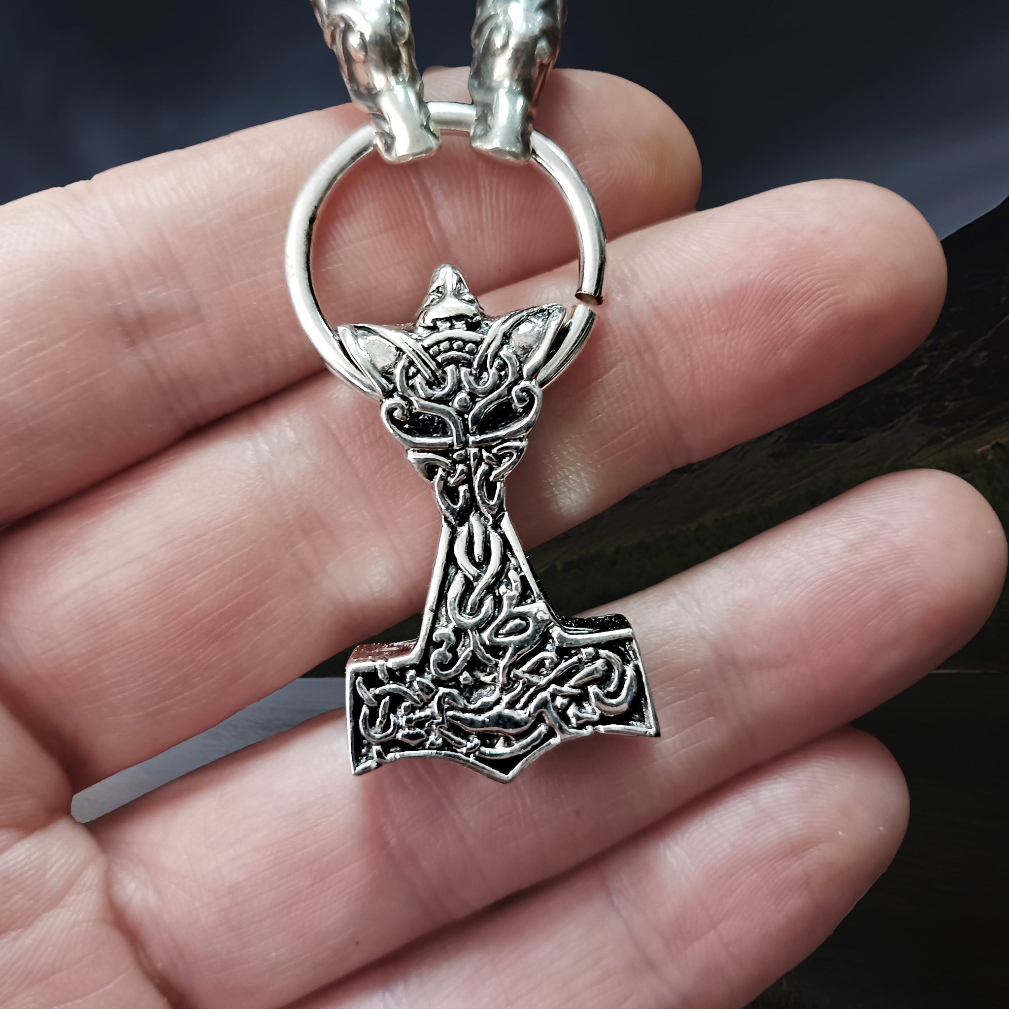 Silver Wolf Thors Hammer Viking Pendant on Split Ring on Hand