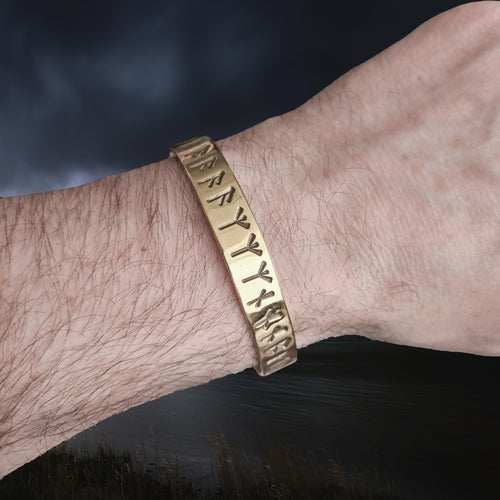 Runic Dark Age Bracelet in Solid Brass with Runic Inscription from Lindholm on Wrist
