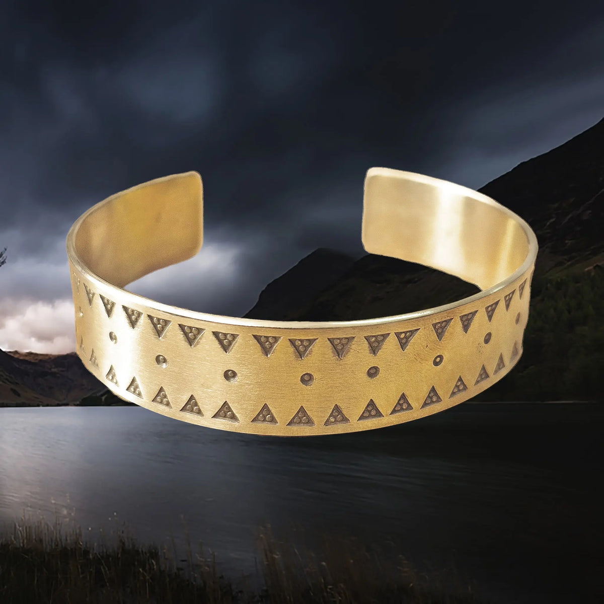 Brass Replica Viking Bracelet from Birka with Embossed Design - Above Angle View
