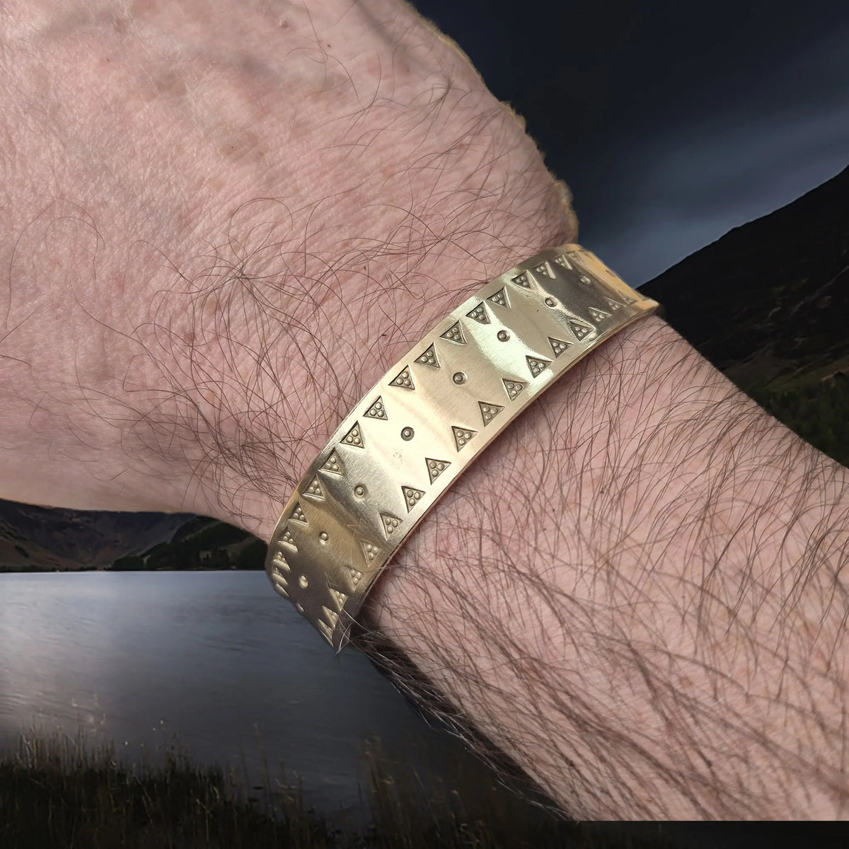 Brass Replica Viking Bracelet from Birka with Embossed Design on Wrist
