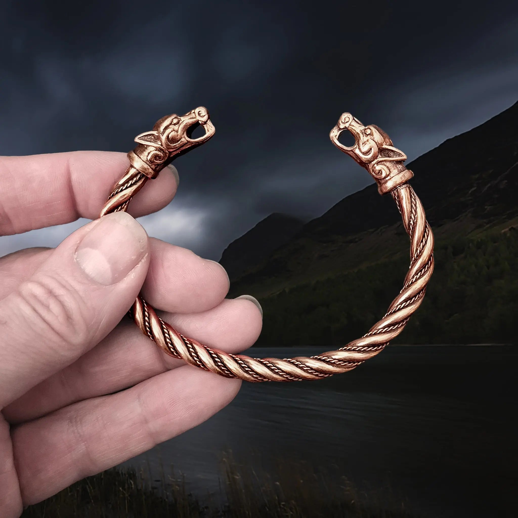 Handmade Twisted Viking Bronze Bracelet with Ferocious Wolf Heads