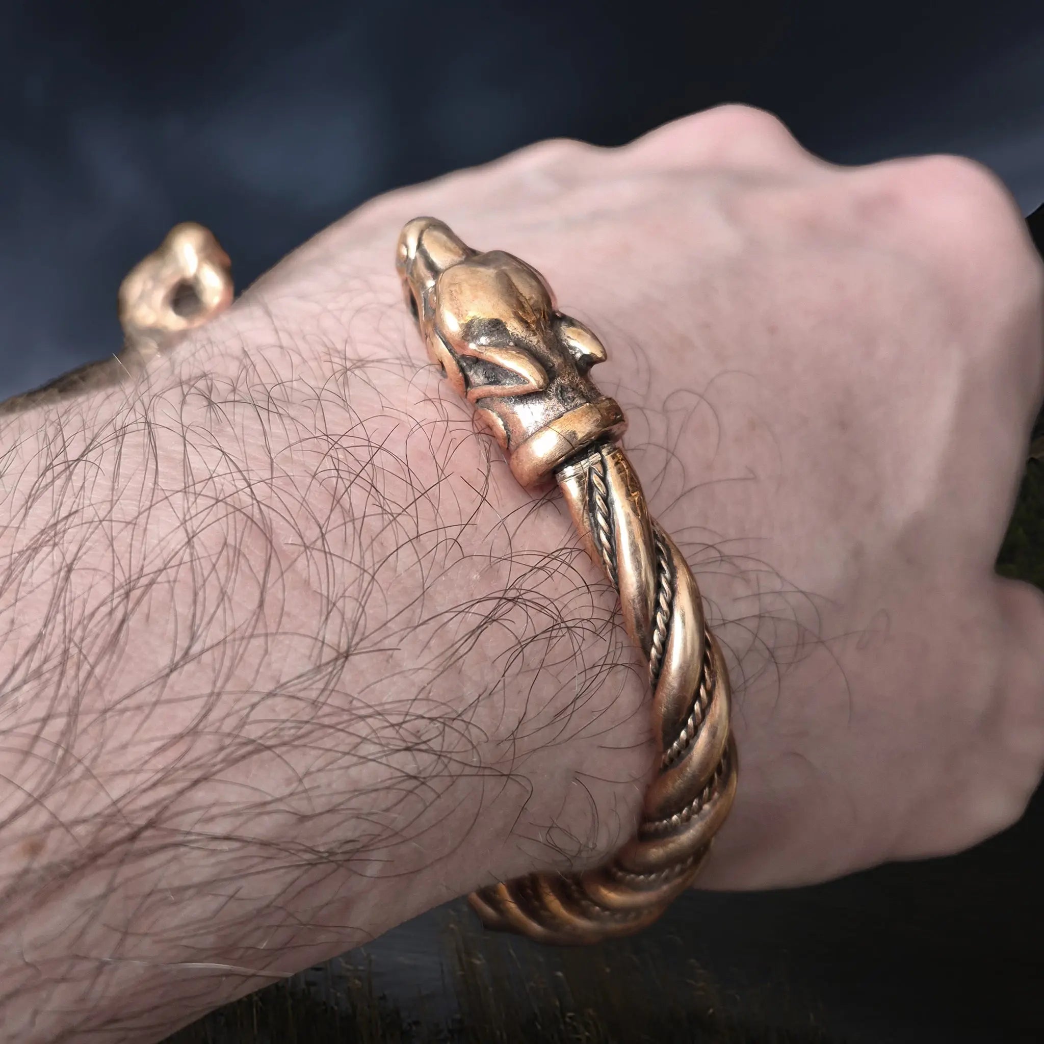 Handmade Twisted Viking Bronze Bracelet with Ferocious Wolf Heads on Wrist