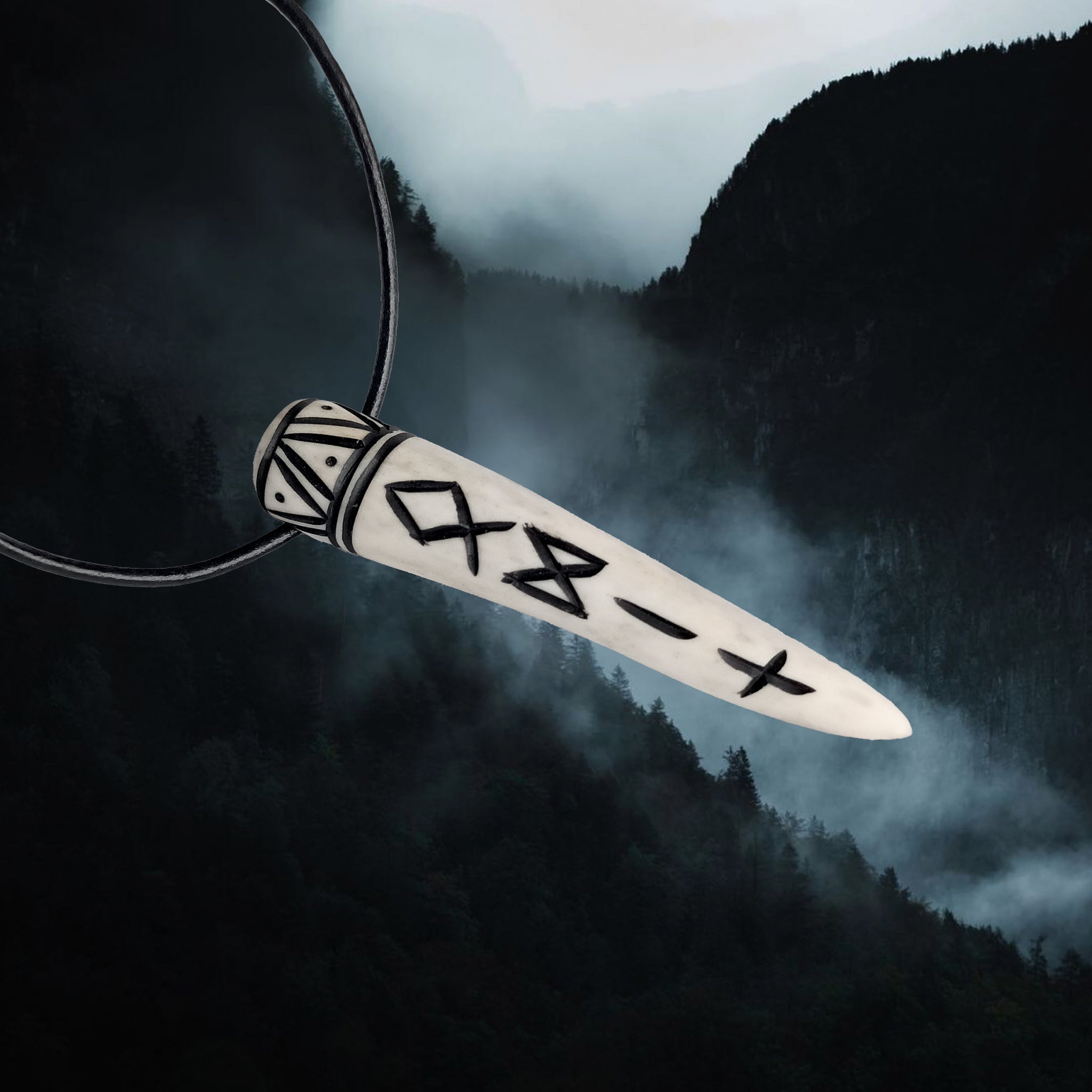 Carved Viking Pendant in Solid Antler with Odin Runes on Leather Cord - Side View