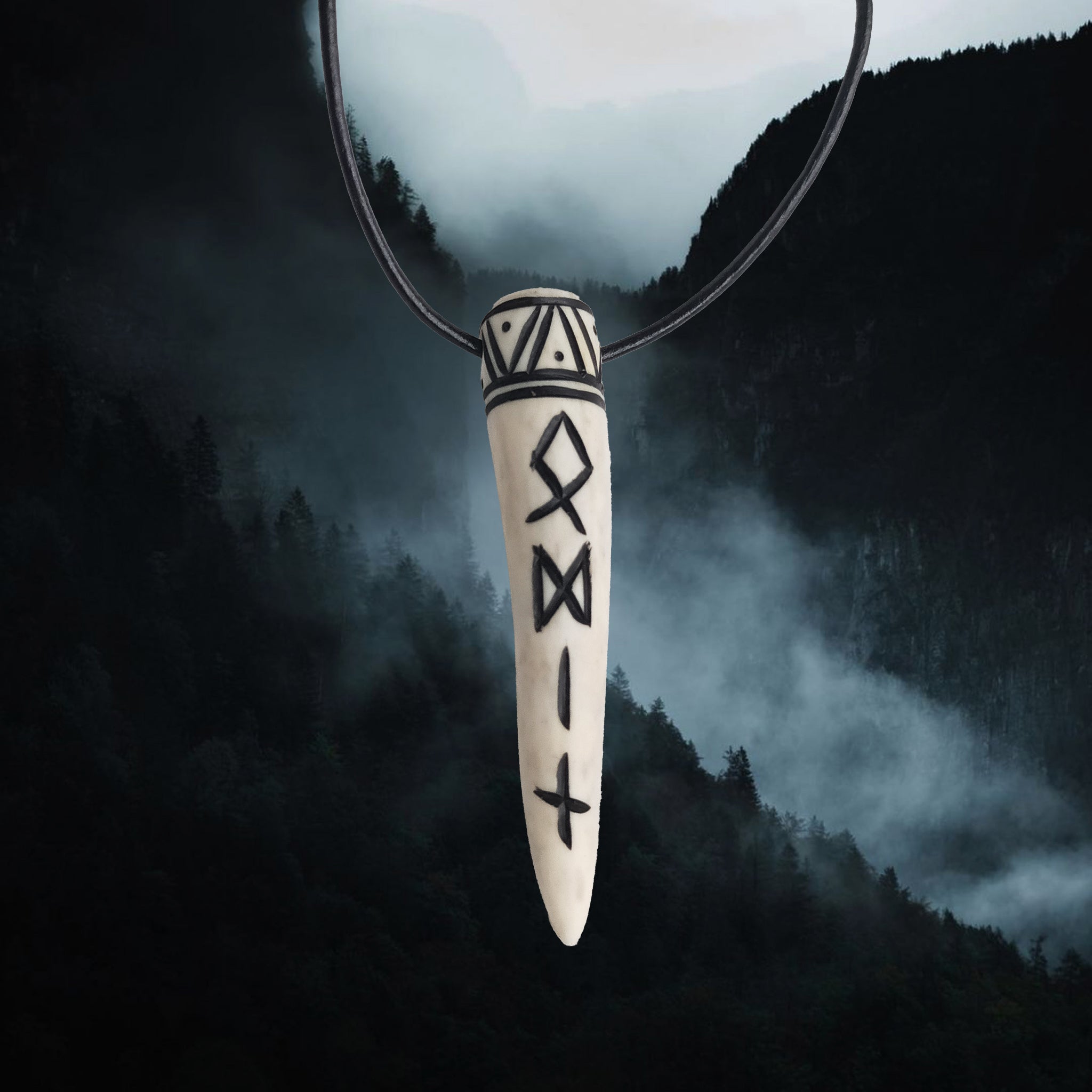 Carved Viking Pendant in Solid Antler with Odin Runes on Leather Cord
