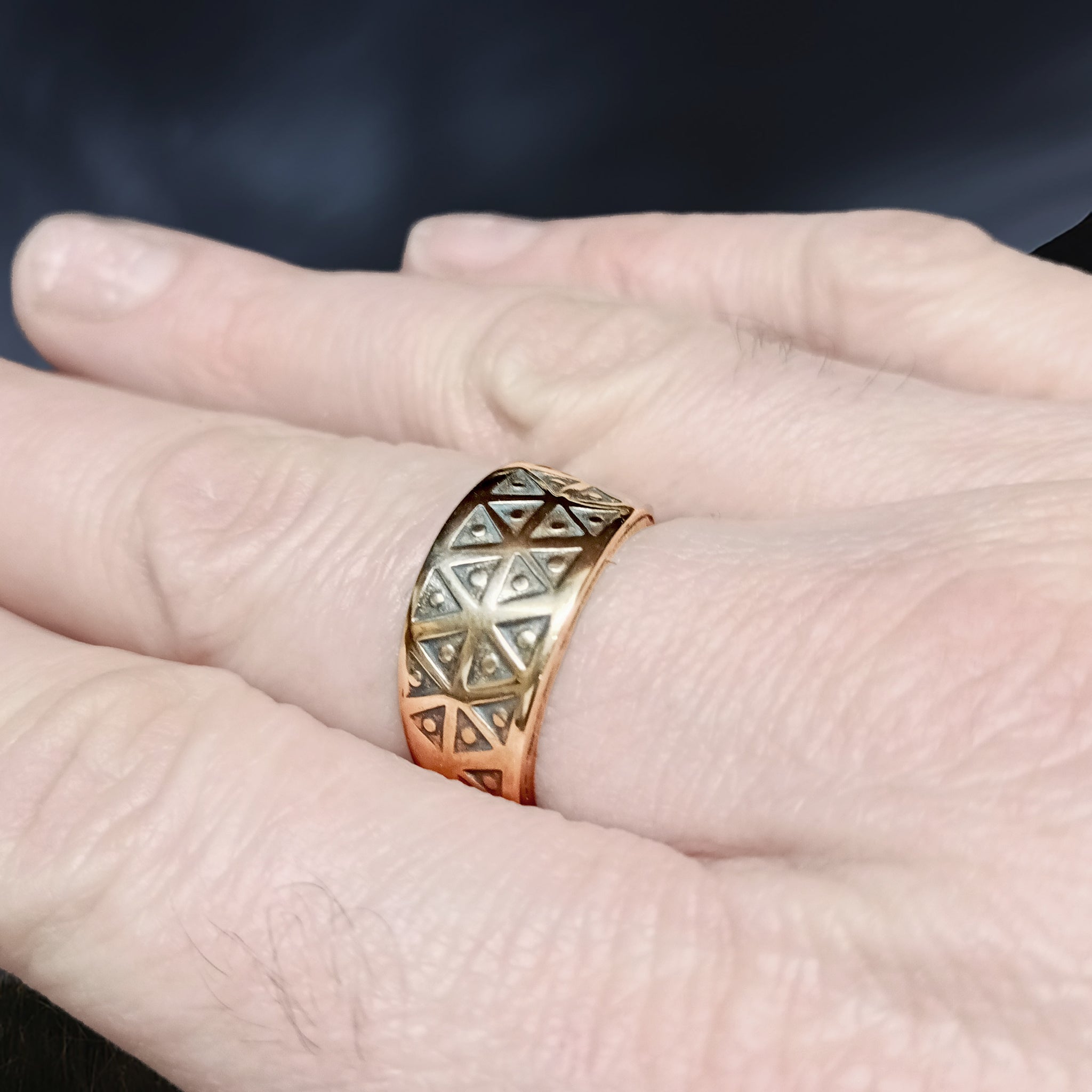 Bronze Replica Viking Ring with Stamped Viking Design on Finger - Large Size
