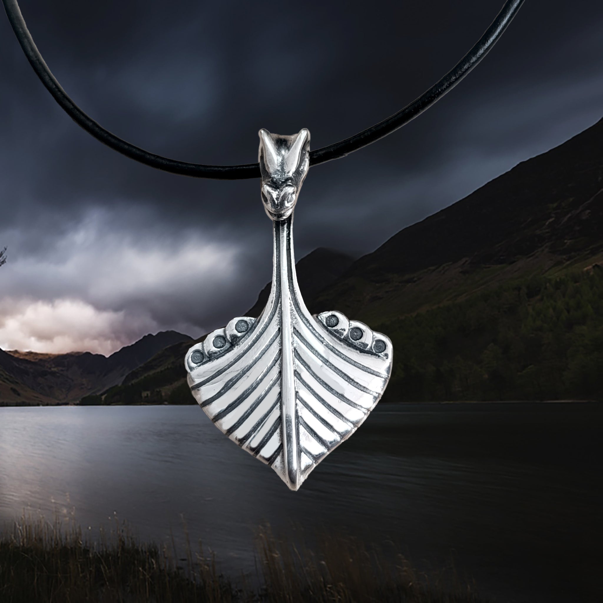 Replica Norwegian Viking Ship Pendant in Sterling Silver on Leather Cord