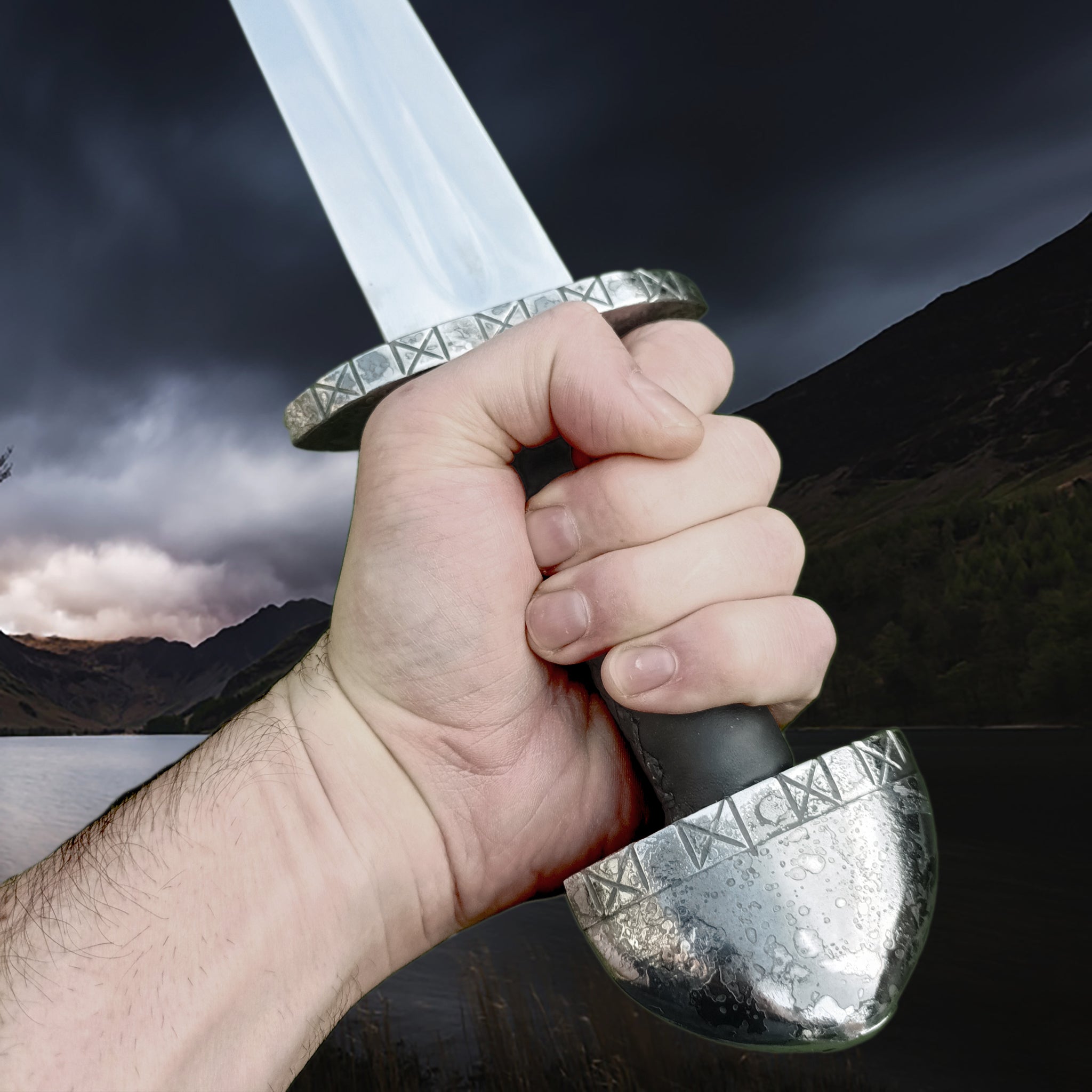 Blunt Reenactment Viking Long Sword with Decorated Hilt in Hand - Close up Grip View