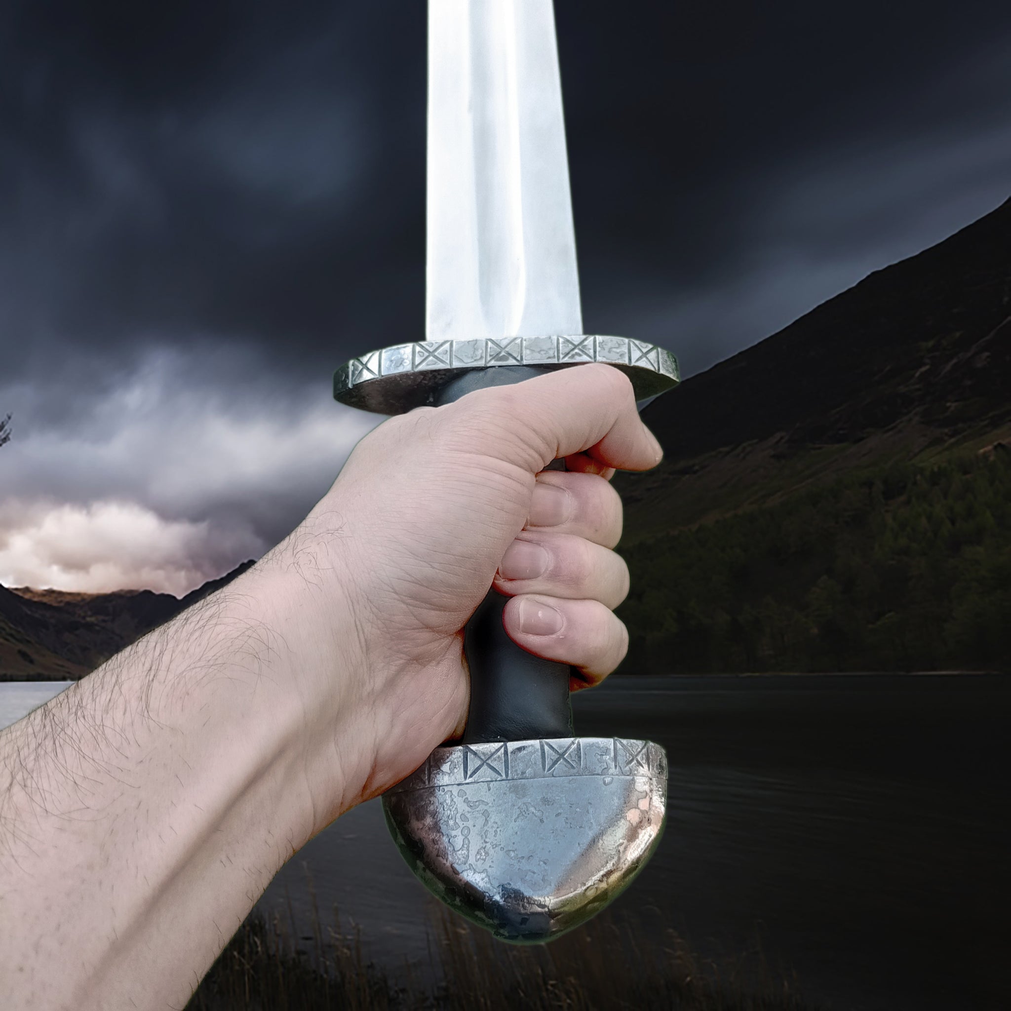 Blunt Reenactment Viking Long Sword with Decorated Hilt in hand