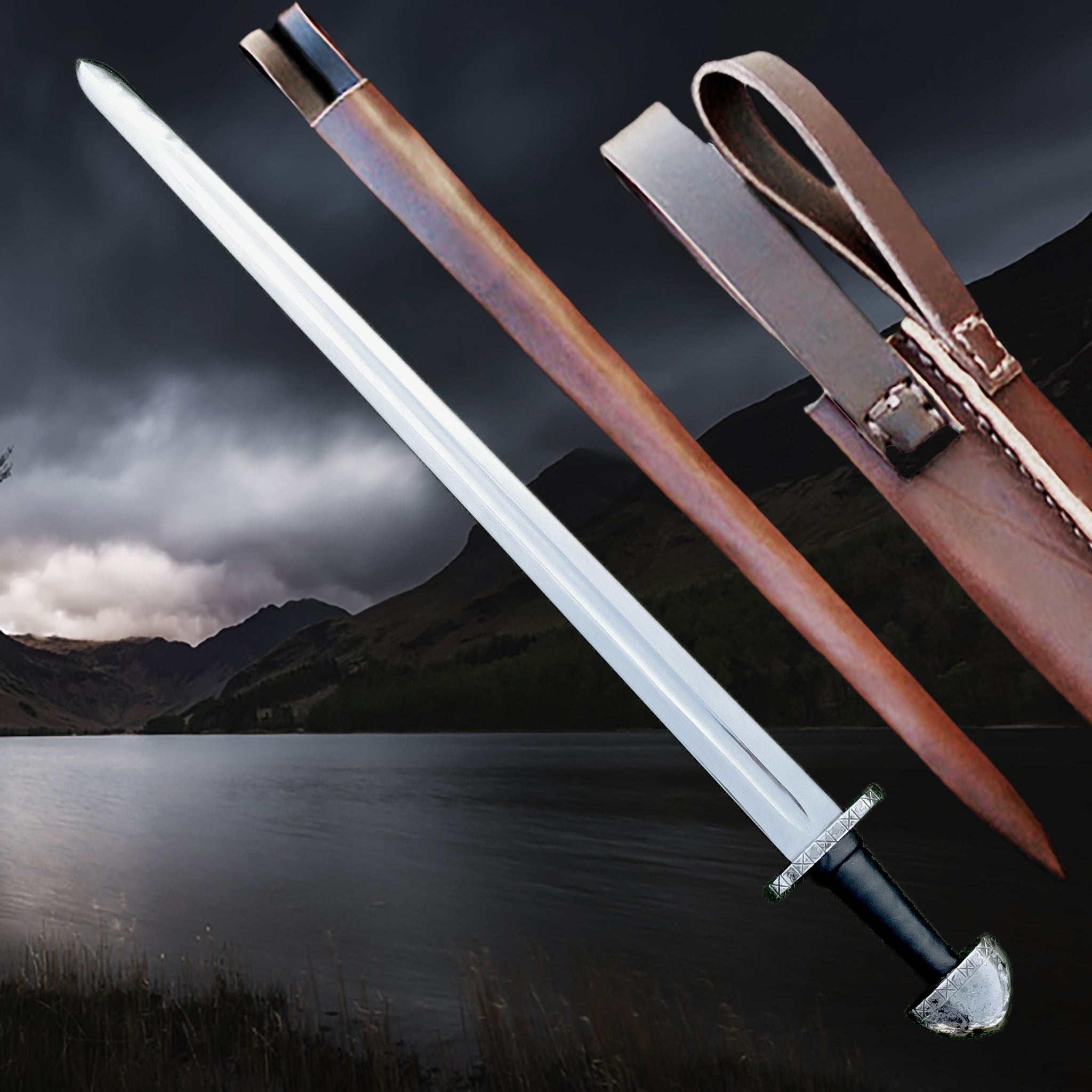 Blunt Reenactment Viking Long Sword with Decorated Hilt and Brown Leather Scabbard