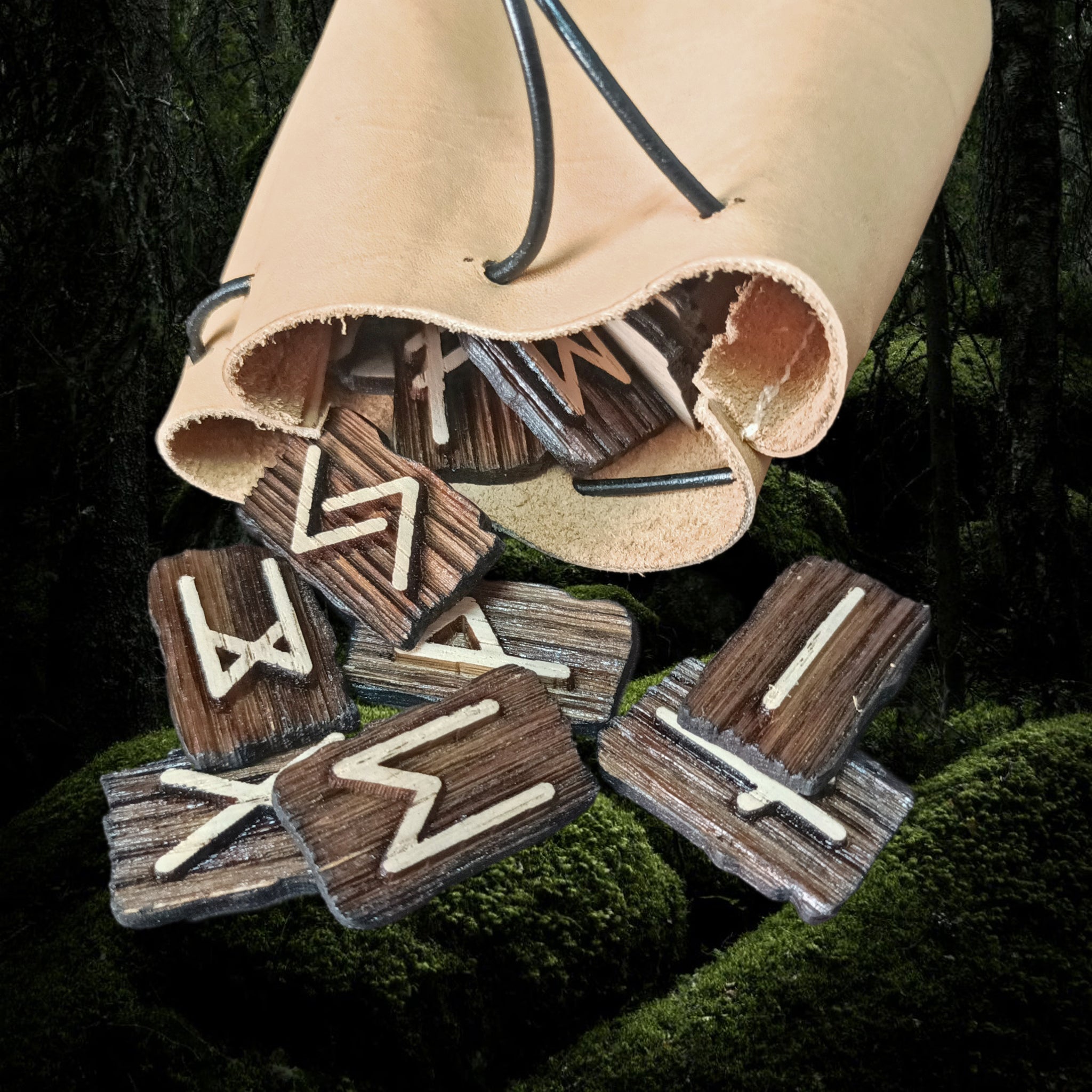 Elder Futhark Wooden Rune Set in Leather Pouch - Close Up