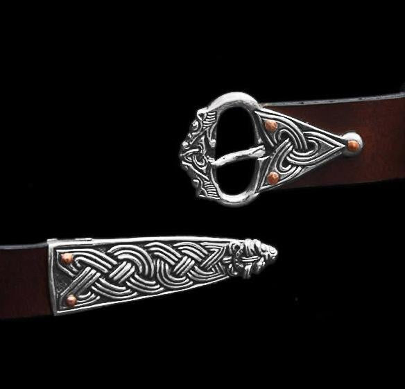 High Status Viking Belt With Silver Fittings - Brown / Borre Style With Wolf Head - Belts & Fittings