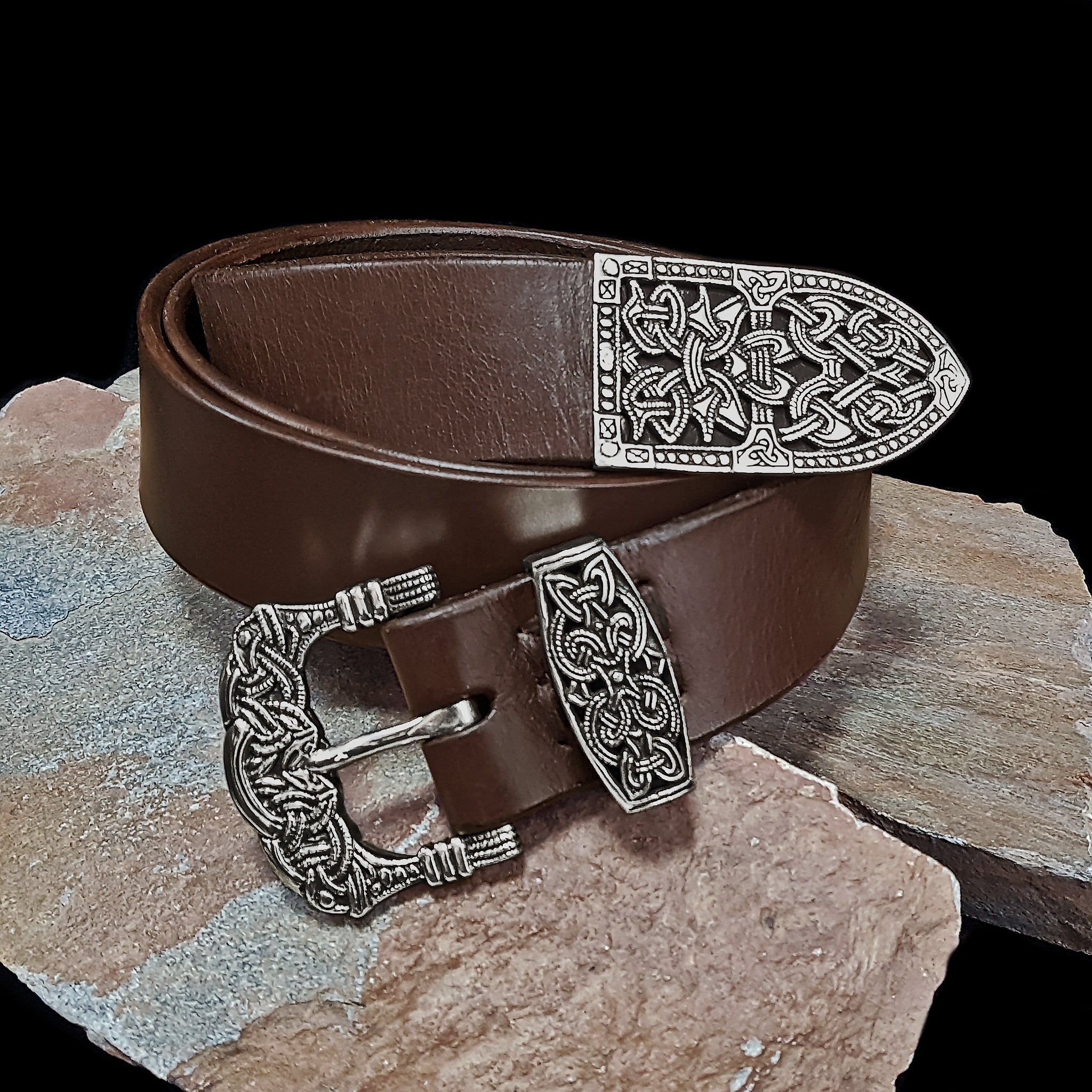 High Status Viking Belt With Silver Gokstad Fittings - Brown Leather Strap
