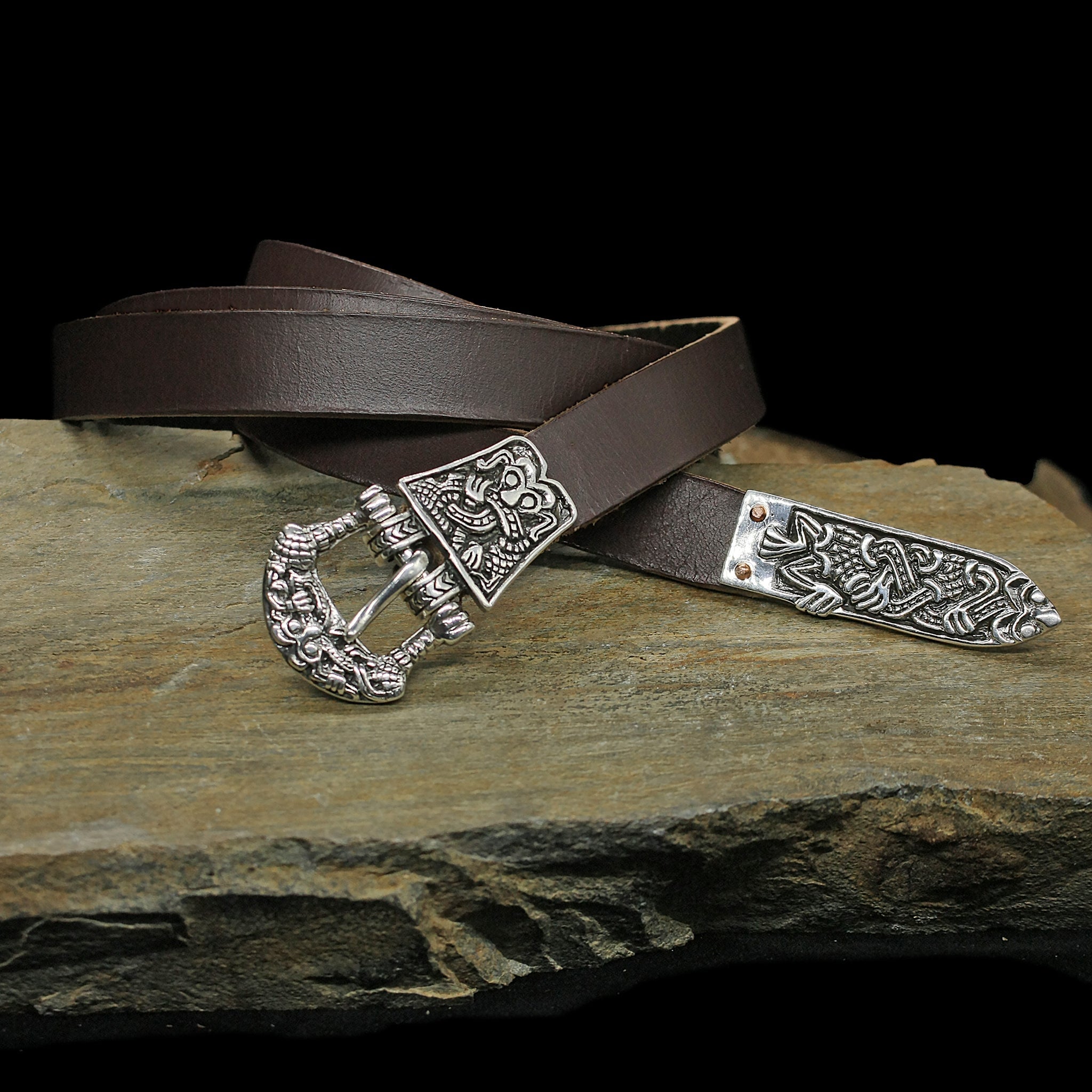 High status Viking belt with silver gripping beast fittings and brown leather strap