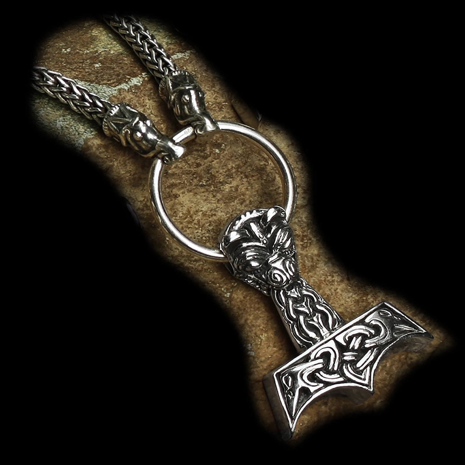 Large and Ferocious Silver Thors Hammer on Necklace