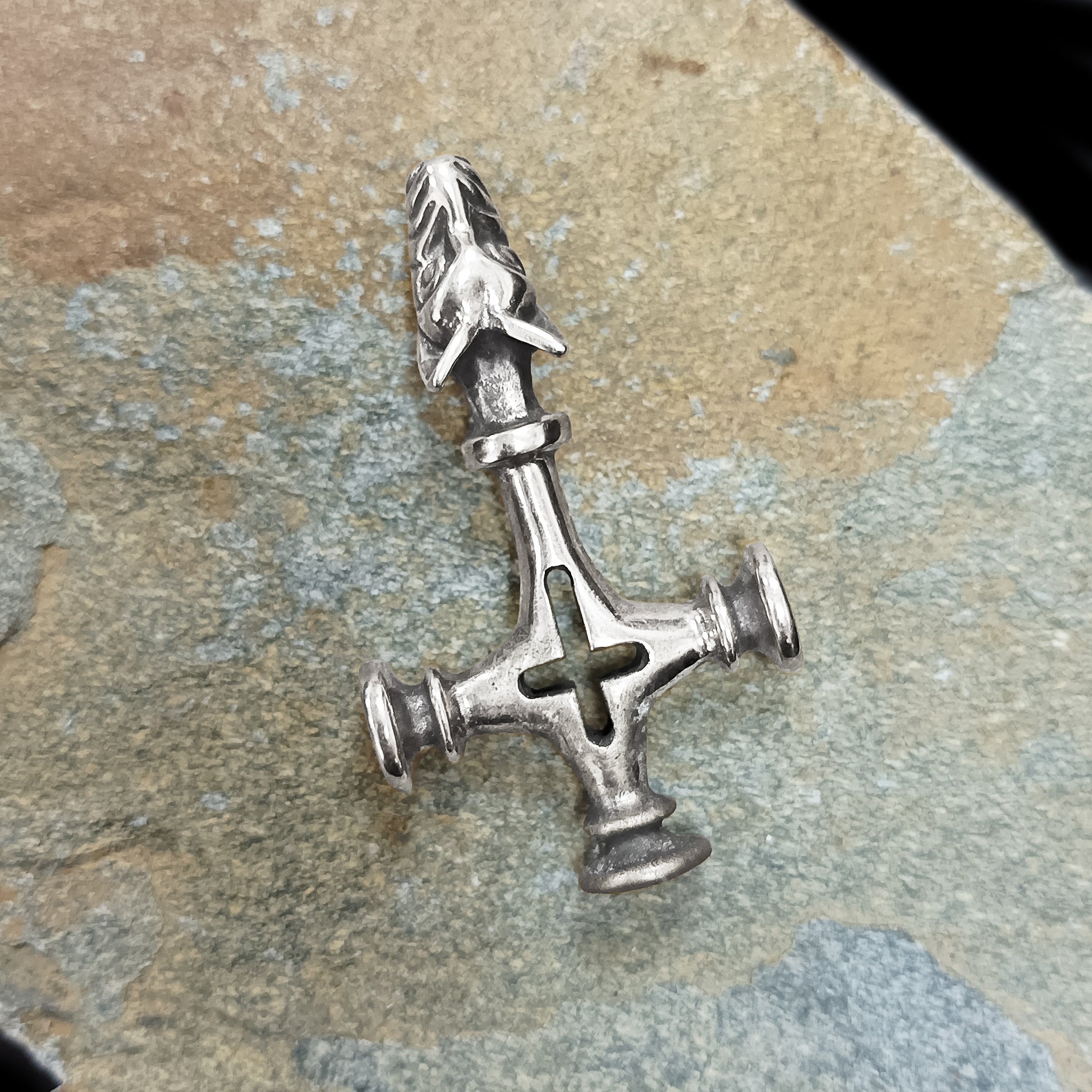 Large Icelandic Wolf Cross Hammer Replica Pendant - Silver - On Rock