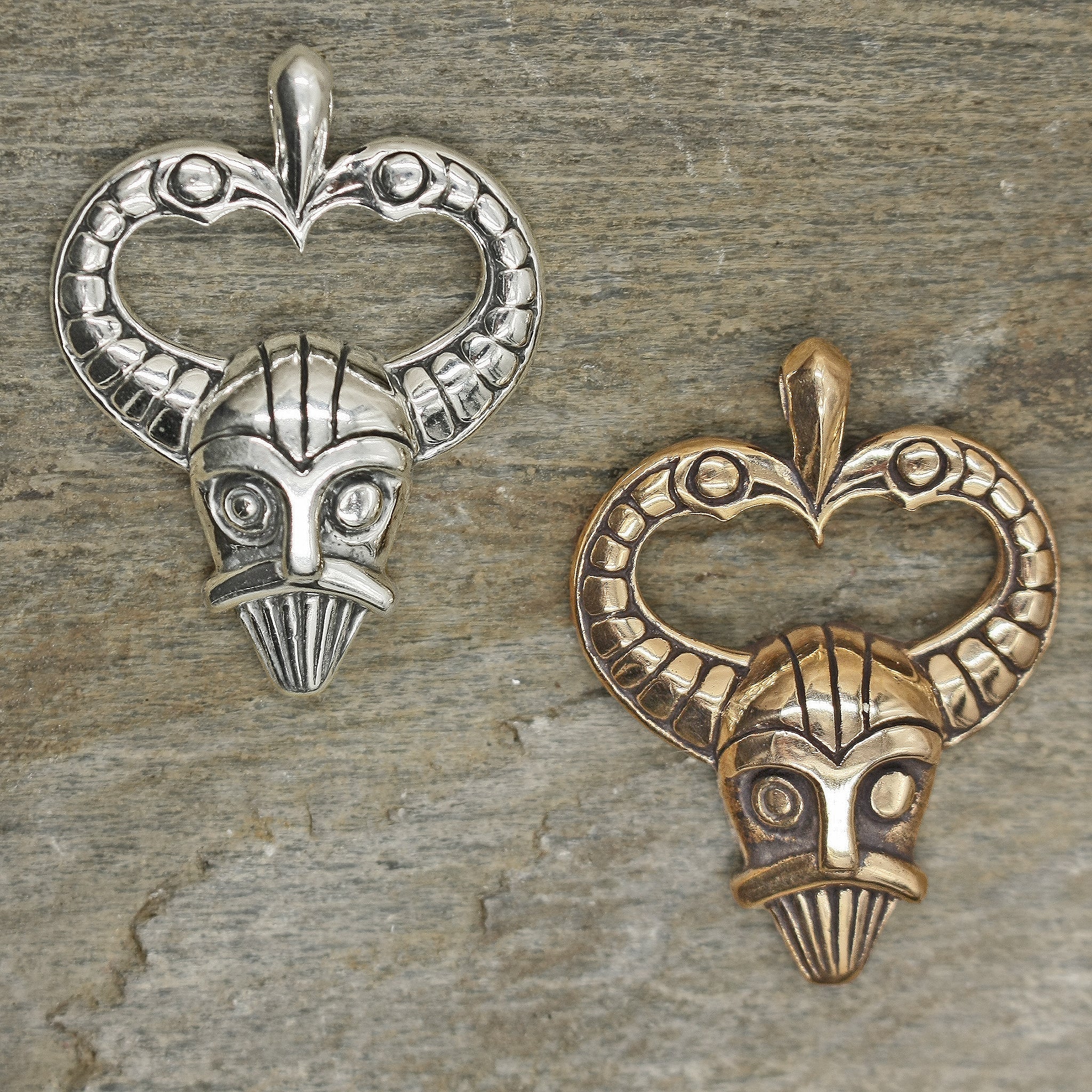Odin Mask Pendants with Twin Raven Horns on Rock - Silver and Bronze