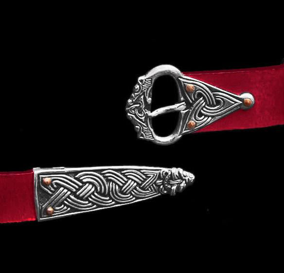 High Status Viking Belt With Silver Fittings - Red / Borre Style With Wolf Head - Belts & Fittings