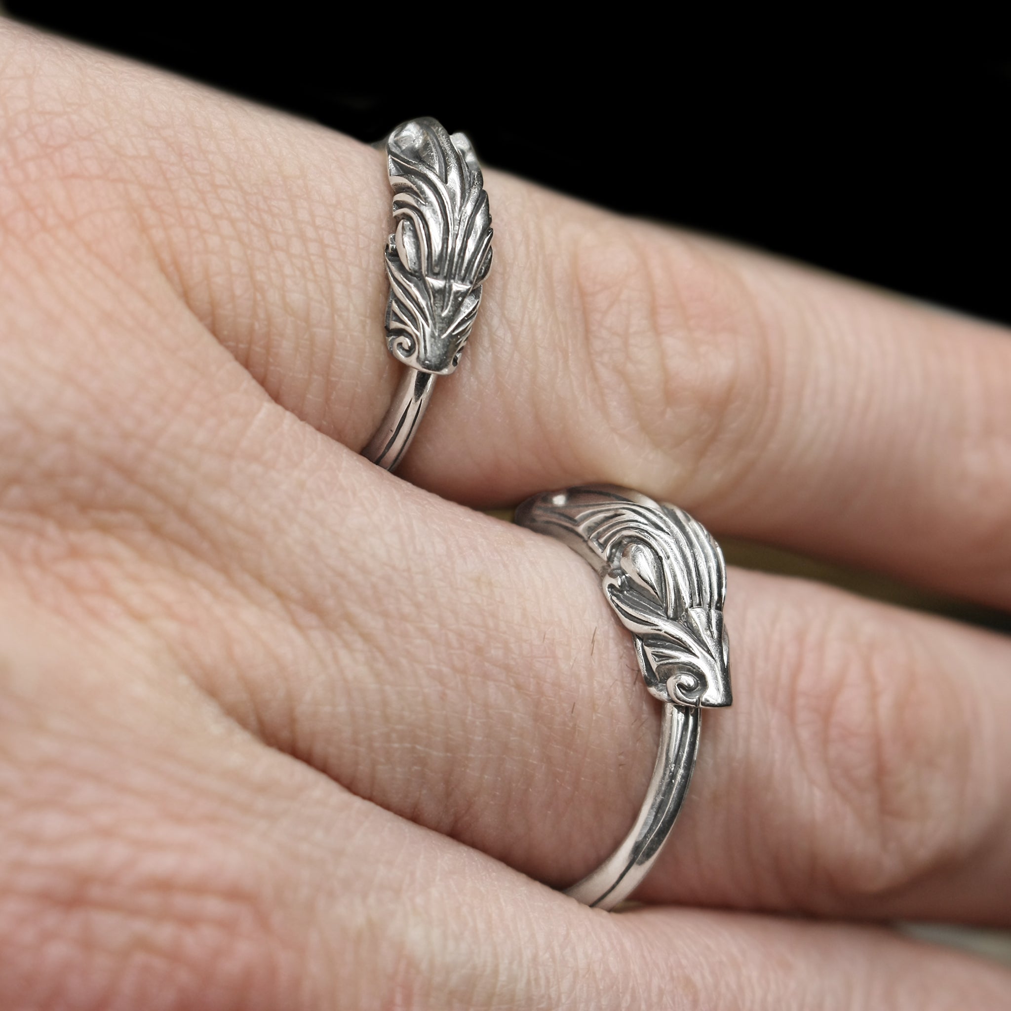 Silver Jormungandr Serpent Rings on Fingers
