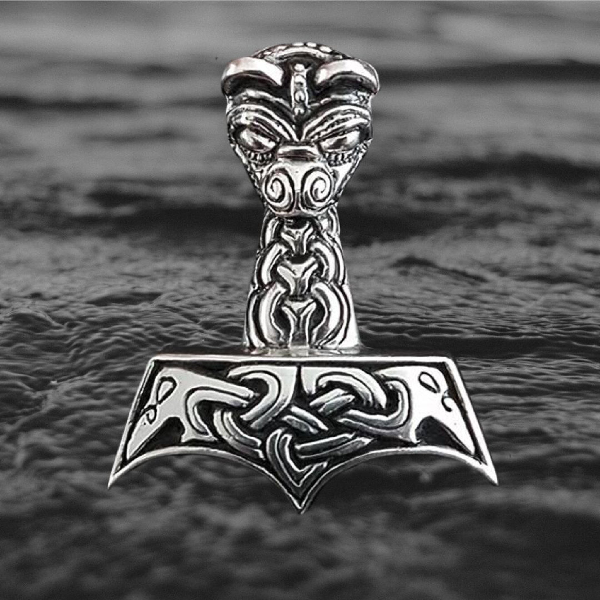 Silver Large And Ferocious Thors Hammer Pendant - Black Water Background