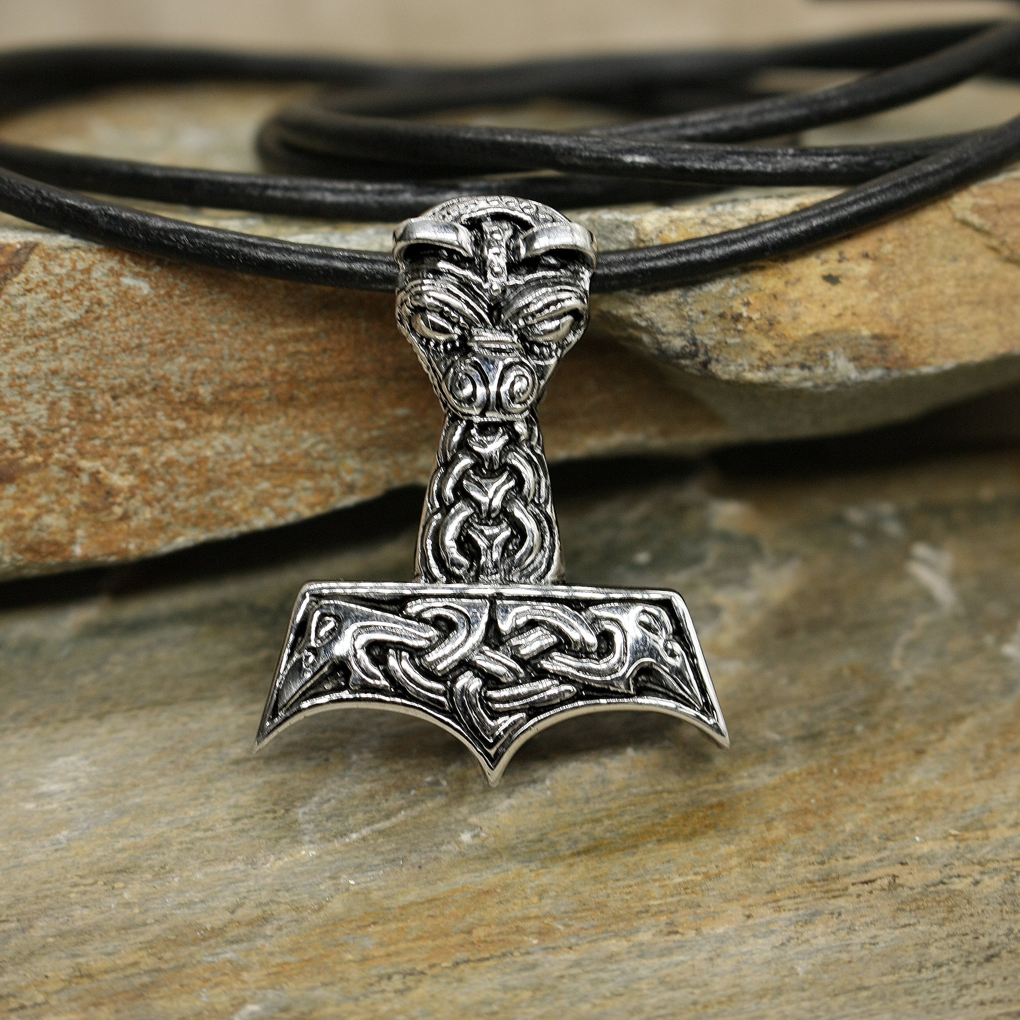 Large And Ferocious Silver Thors Hammer Pendant with Thong