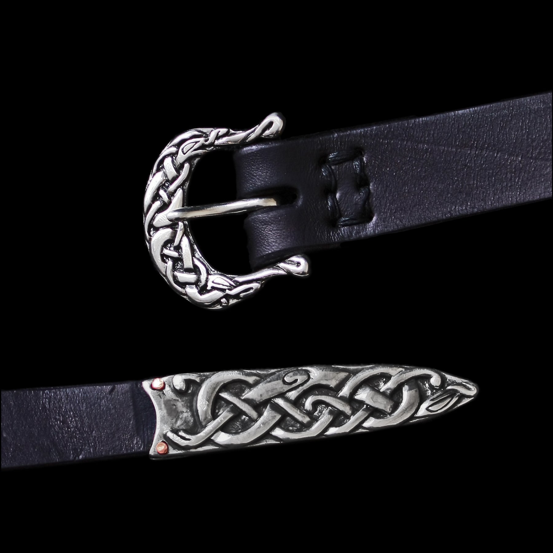 High Status Viking Belt with Urnes Style Silver Fittings and Black Strap - Belts & Fittings