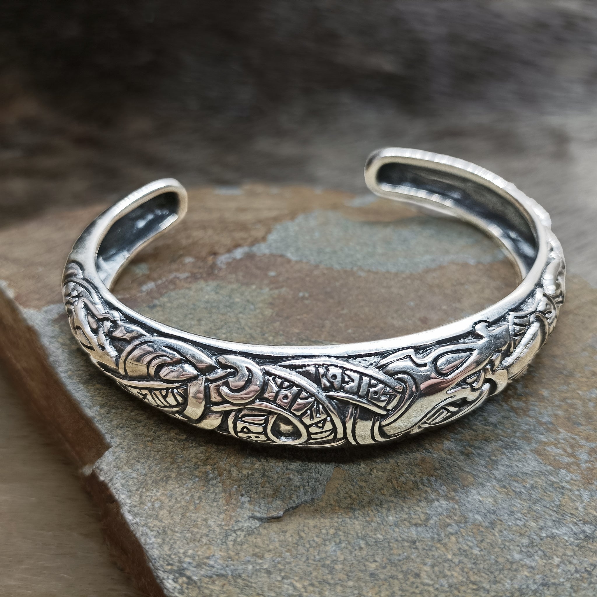 Silver Runic Viking Bracelet / Arm Ring on Rock - Above Angle View