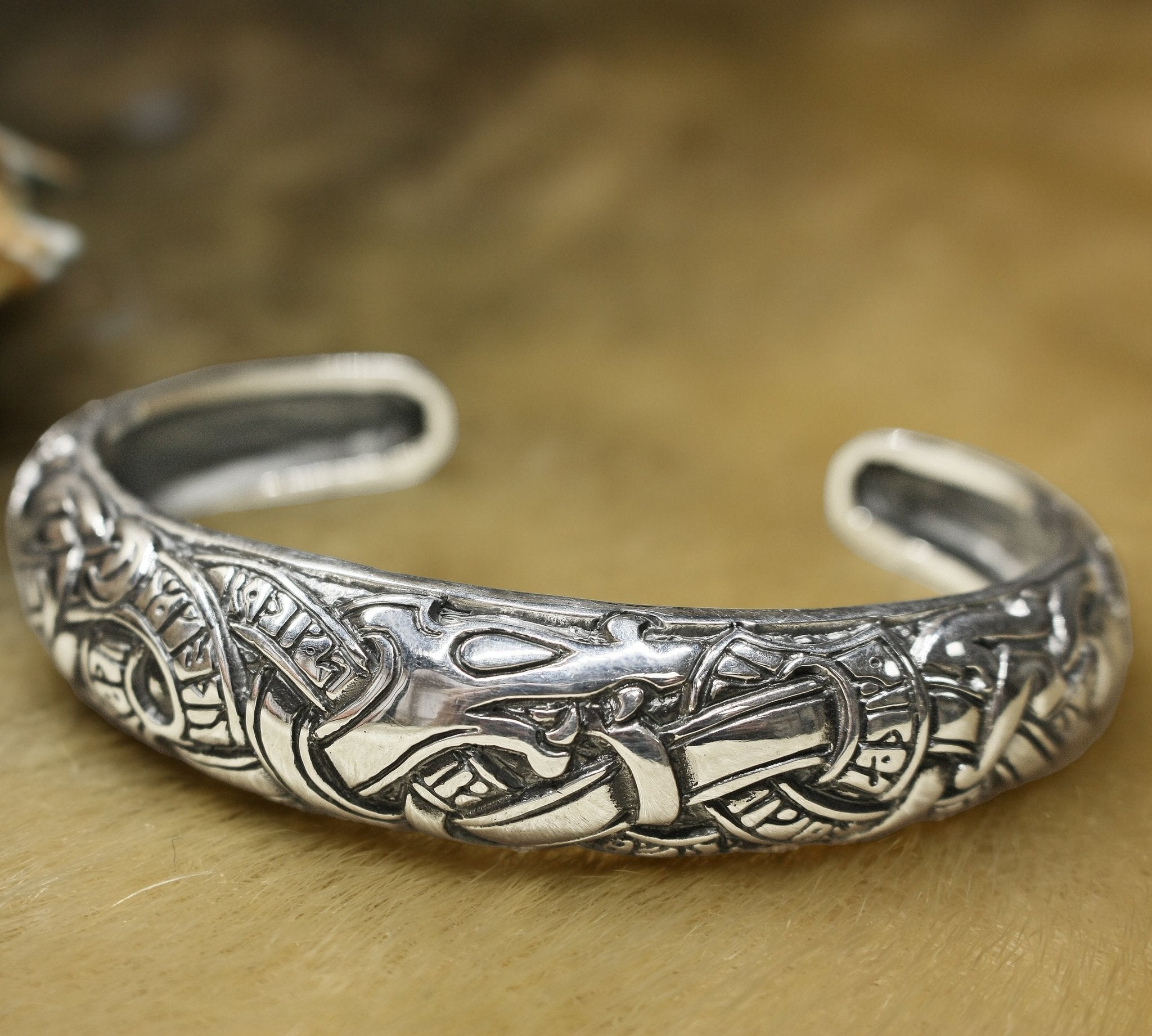 Silver Runic Viking Bracelet / Arm Ring on Fur