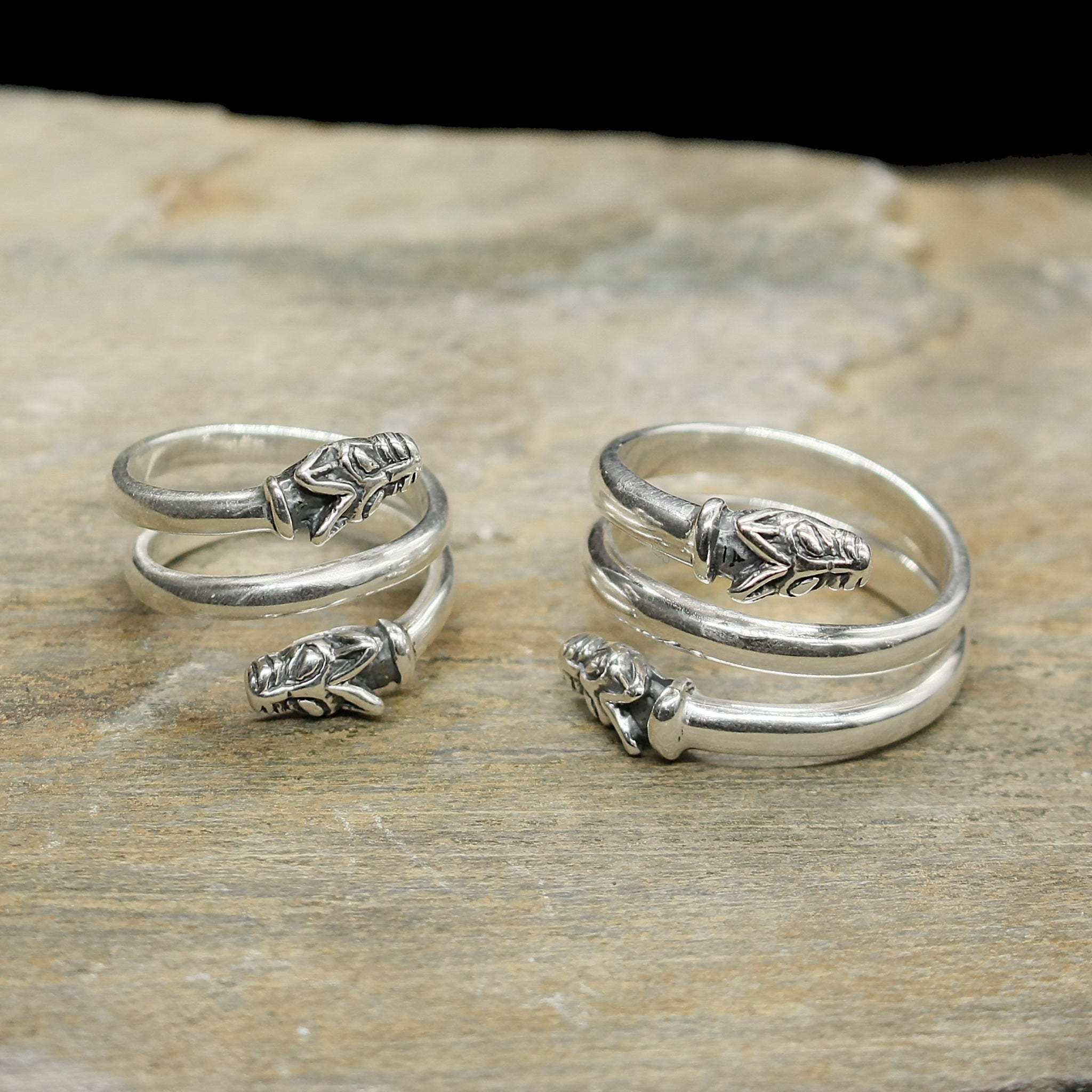 Silver Spiral Viking Wolf Rings on Rock