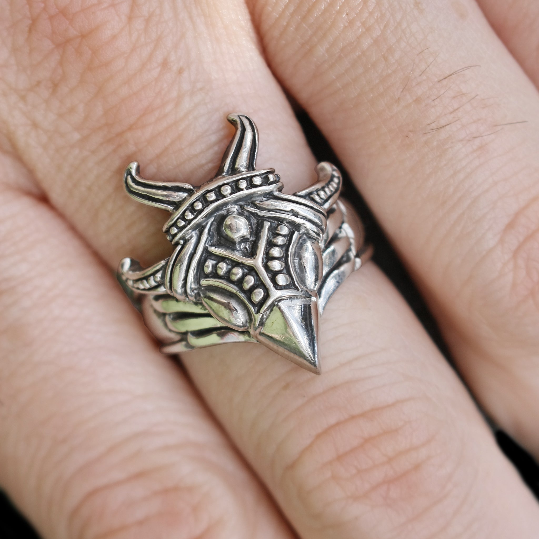 Silver Viking Raven Head Ring on Finger