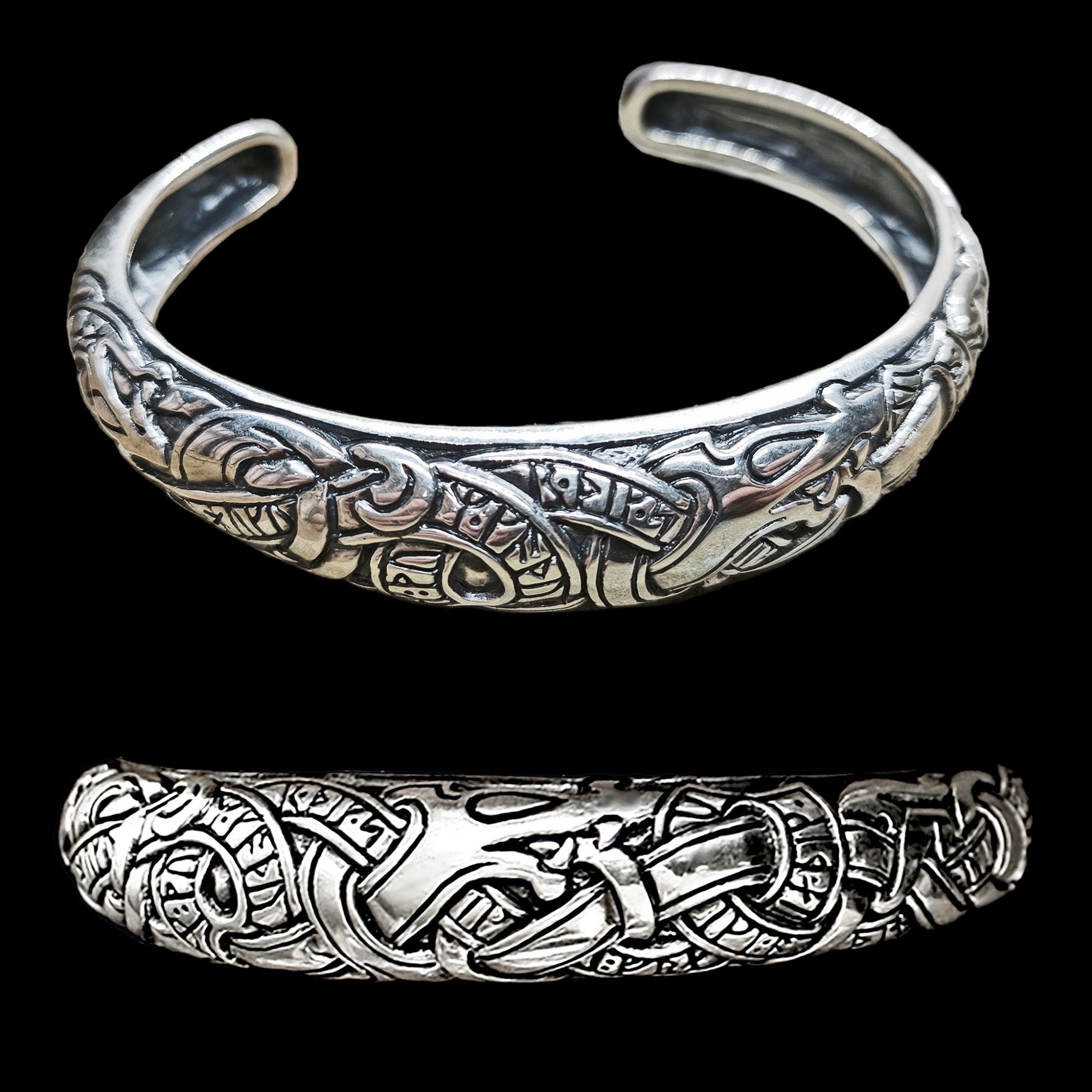 Silver Runic Viking Arm Ring - Front and Angle Views
