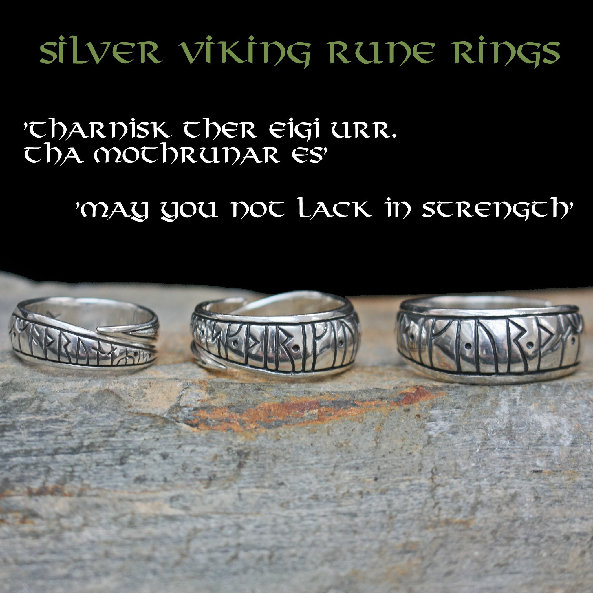 Silver Viking Strength Rune Rings on Rock