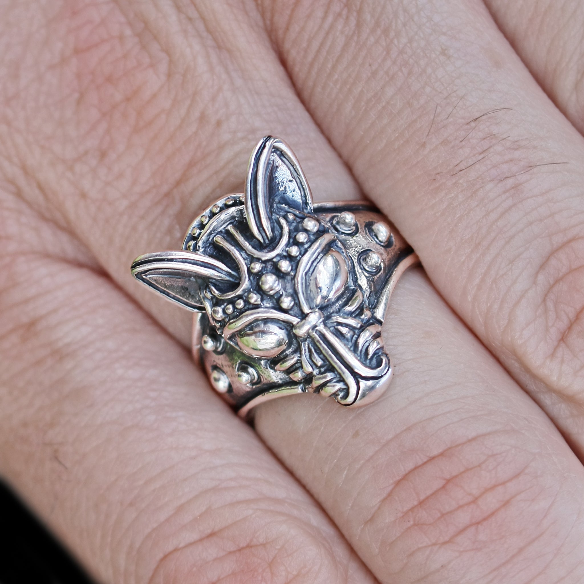 Silver Viking Wolf Head Ring on Finger