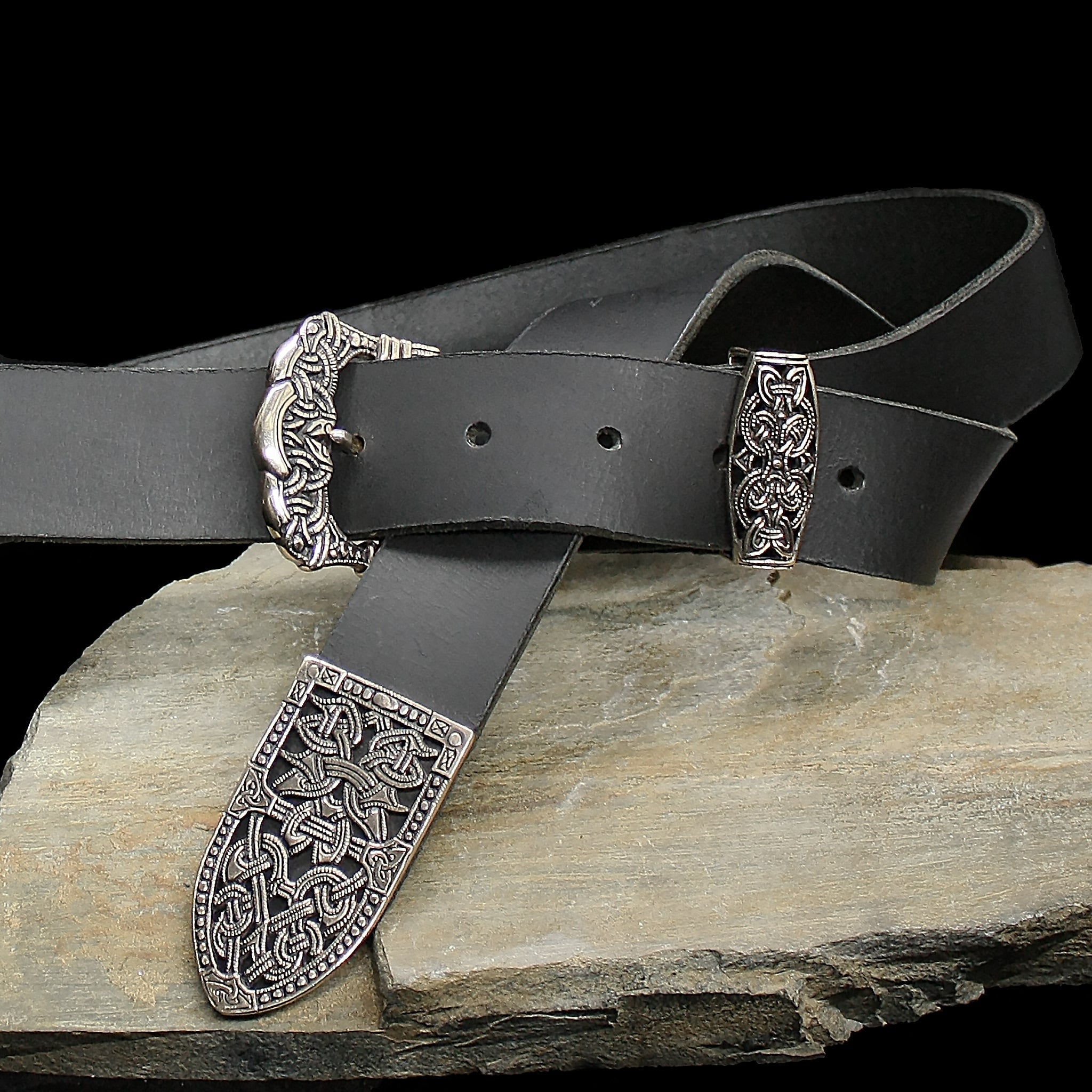 High Status Viking Belt With Silver Gokstad Fittings - Black Leather Strap - On Rock