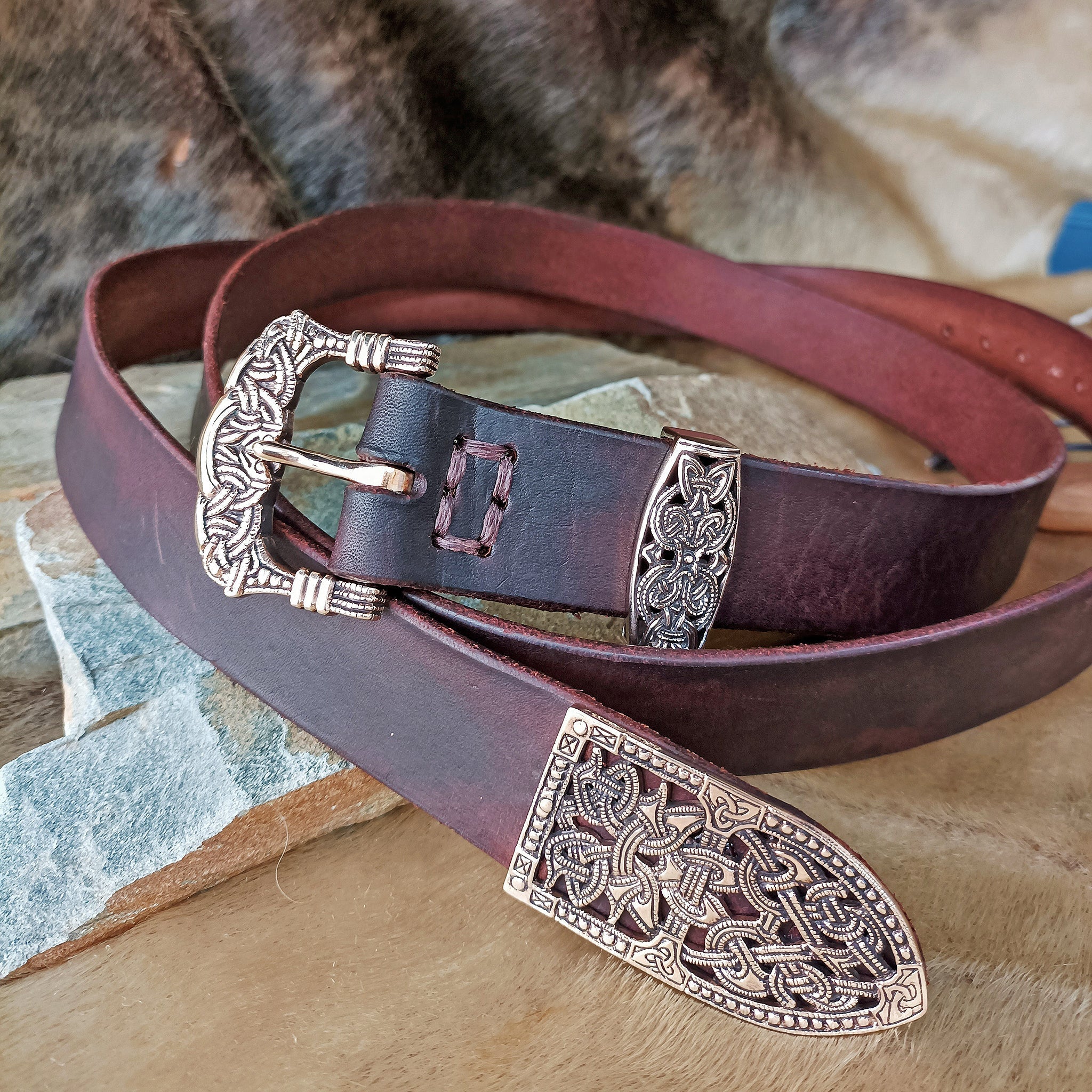 High Status Viking Belt with Gokstad Bronze Fittings - Mahogany Brown Laether Strap