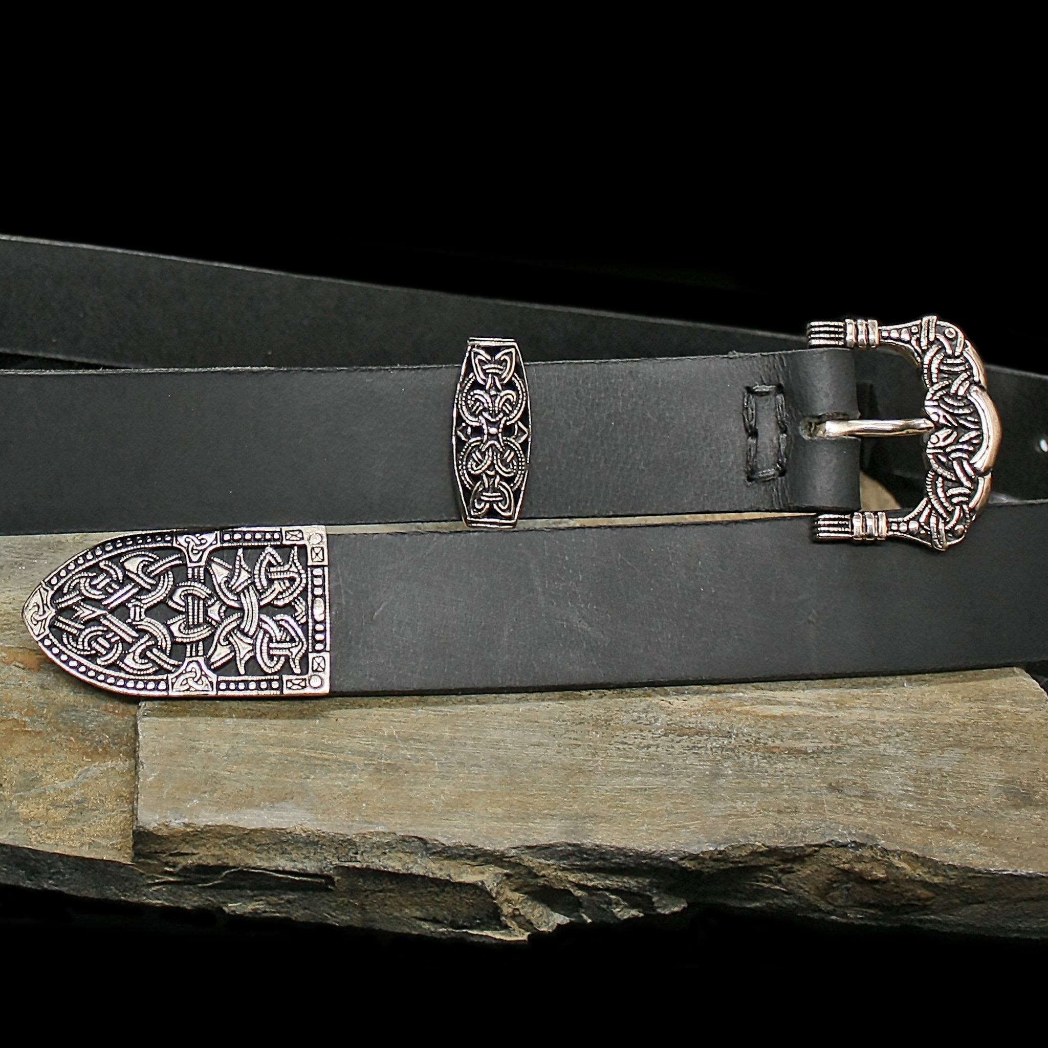 High Status Viking Belt With Silver Gokstad Fittings - Black Leather Strap - Straight On Rock
