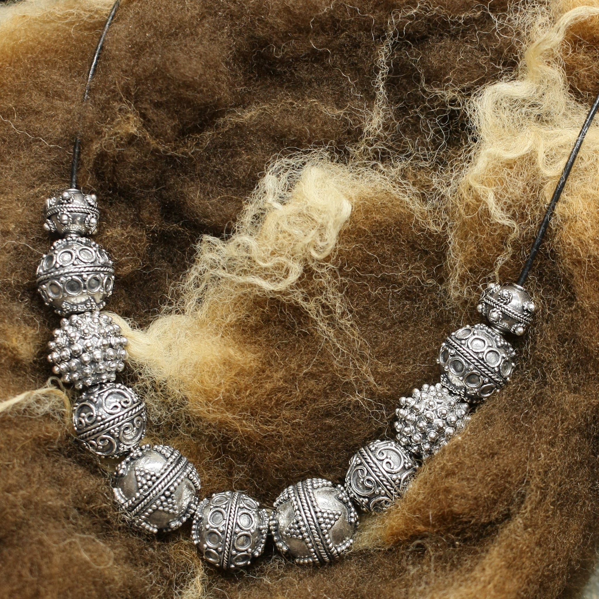 Silver Viking Beads from Visby on Leather Thong on Wool Fleece