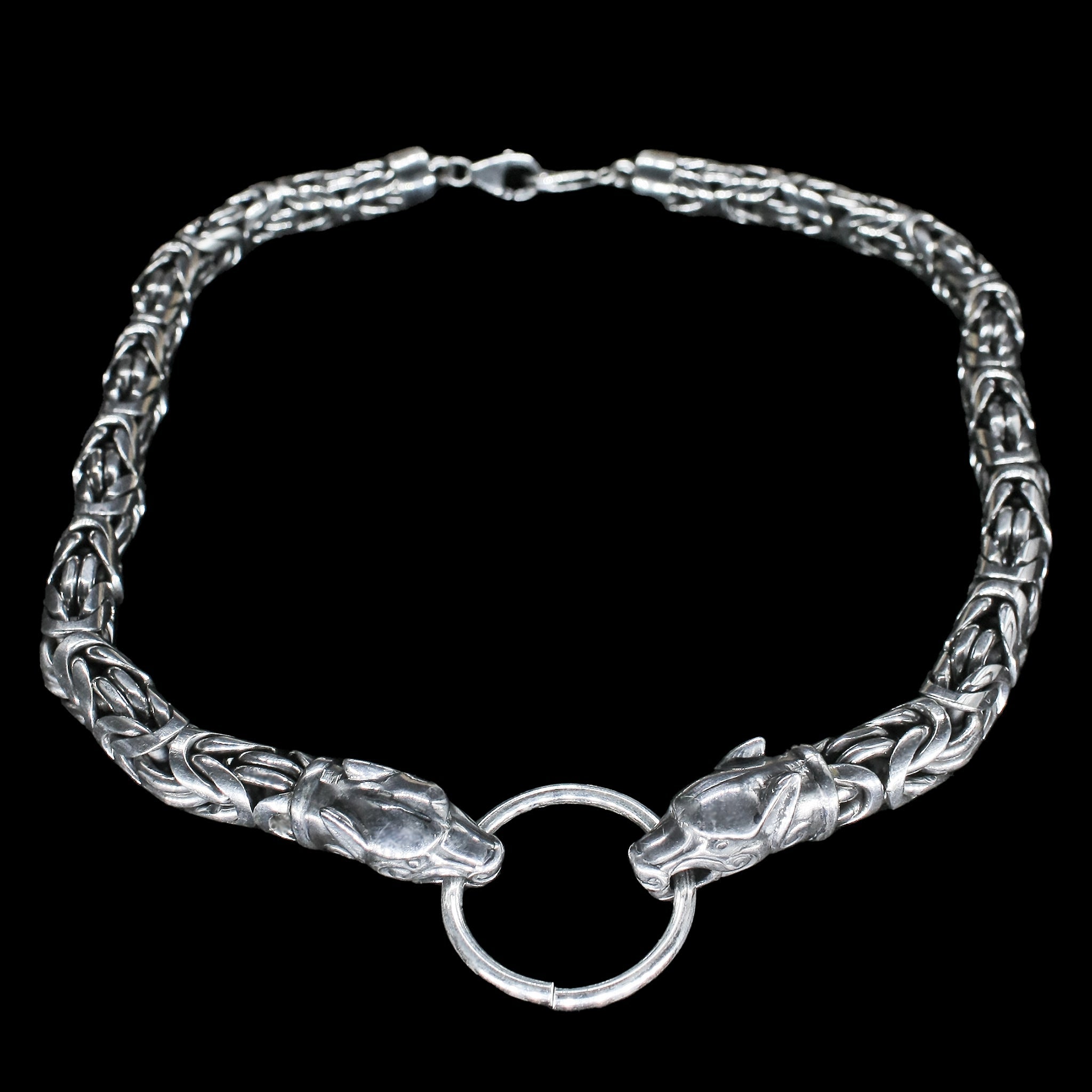 10mm Silver Double King Chain Necklace with Ferocious Wolf Heads Front