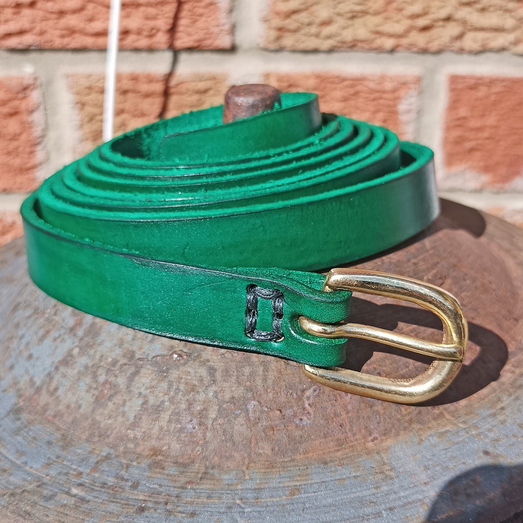 19mm Wide Green Leather Viking Belt with Brass Buckle - Outside