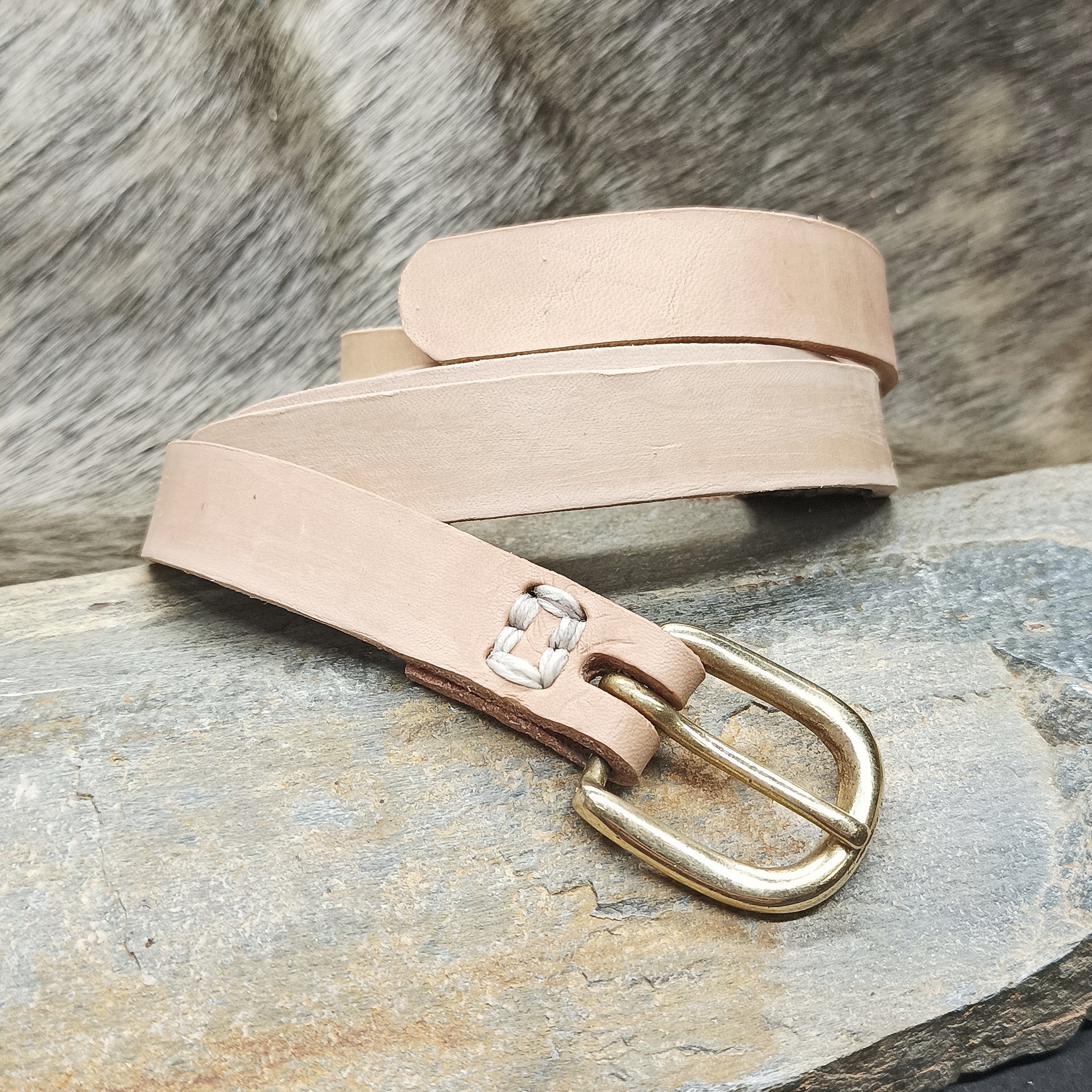 Standard Leather Baldric with Brass Buckle - Natural Veg Tan with Natural Linen Thread