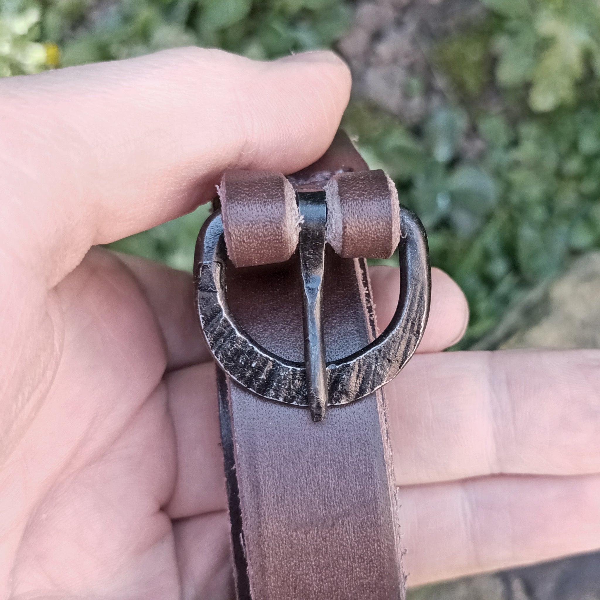 Hand-Forged Iron Viking / Medieval Buckle - 20mm (0.75 inch) on Brown Leather Belt in Hand