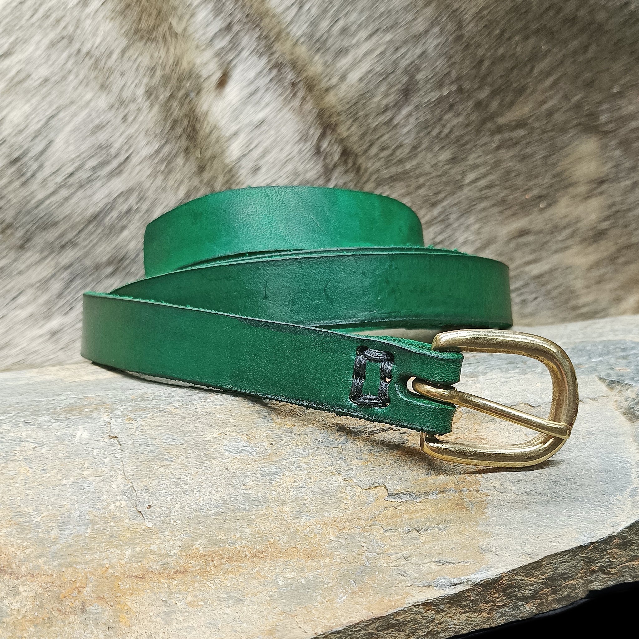 Standard Leather Baldric with Brass Buckle - Green with Black Linen Thread