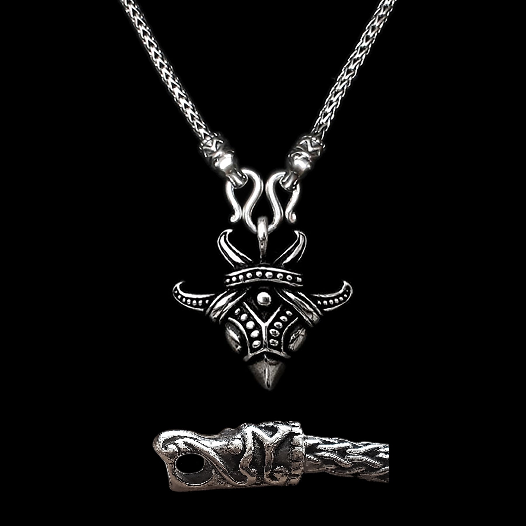 Sterling Silver Viking Snake Chain Necklace with Gotlandic Dragon Heads & Raven Pendant