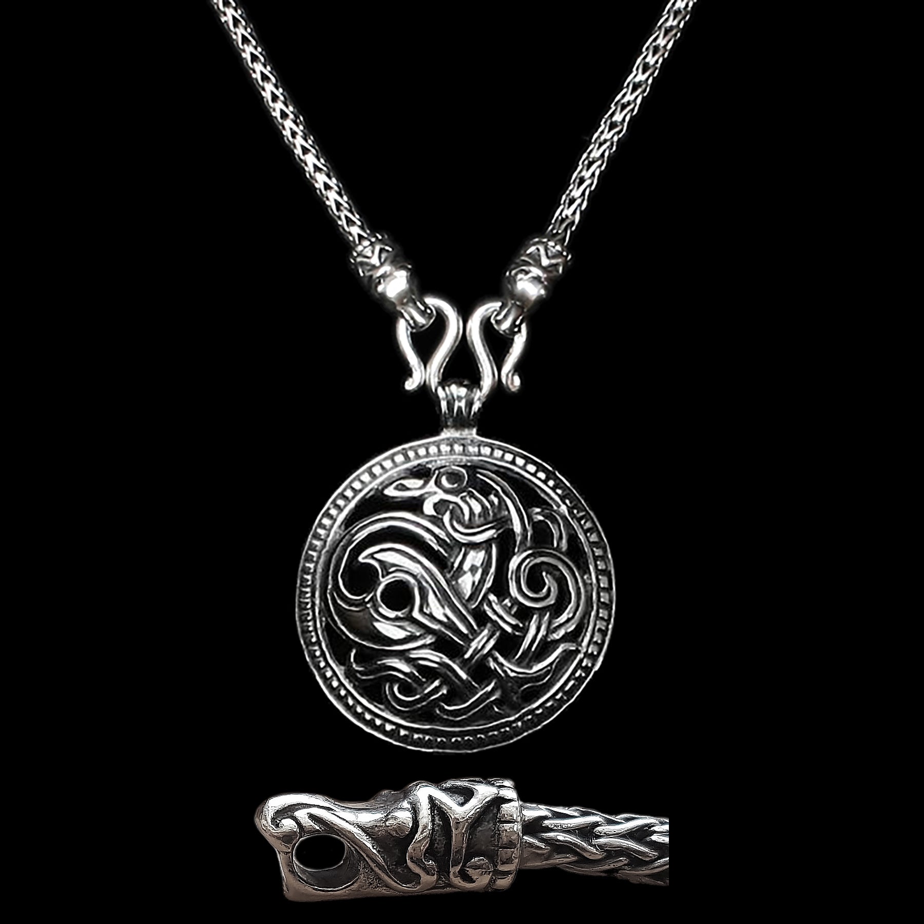 Sterling Silver Viking Snake Chain Necklace with Gotlandic Dragon Heads & Jelling Dragon Pendant