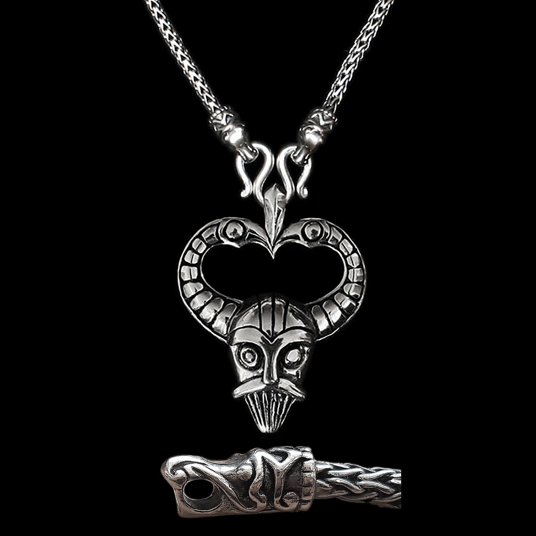 Sterling Silver Viking Snake Chain Necklace with Gotlandic Dragon Heads & Odin Mask Pendant