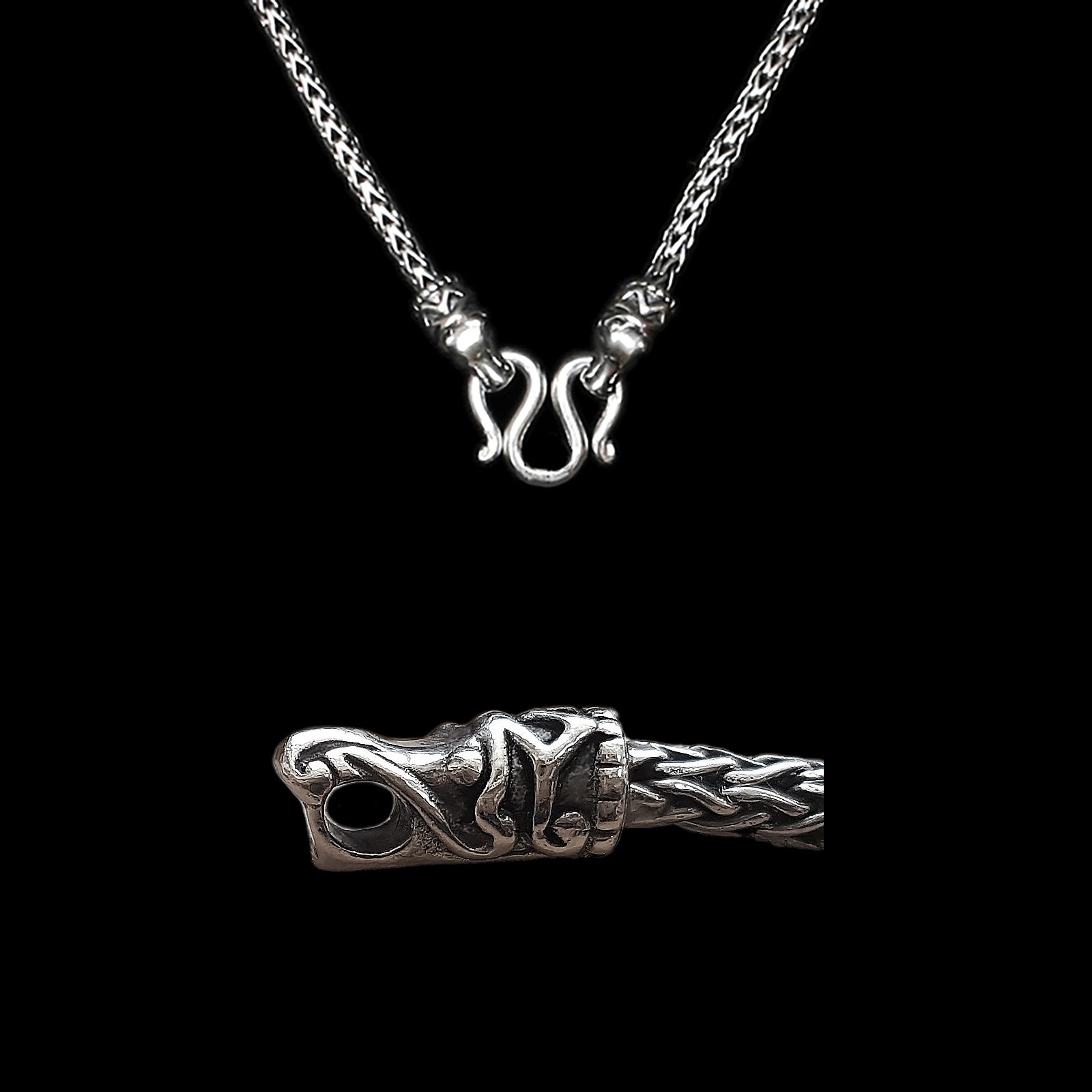 Sterling Silver Viking Snake Chain Necklace with Gotlandic Dragon Heads & Butterfly Clasp