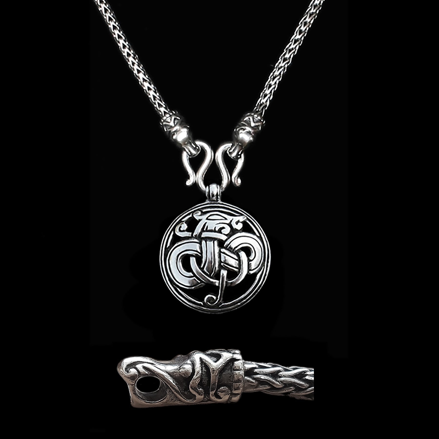 Sterling Silver Viking Snake Chain Necklace with Gotlandic Dragon Heads & Urnes Dragon Pendant