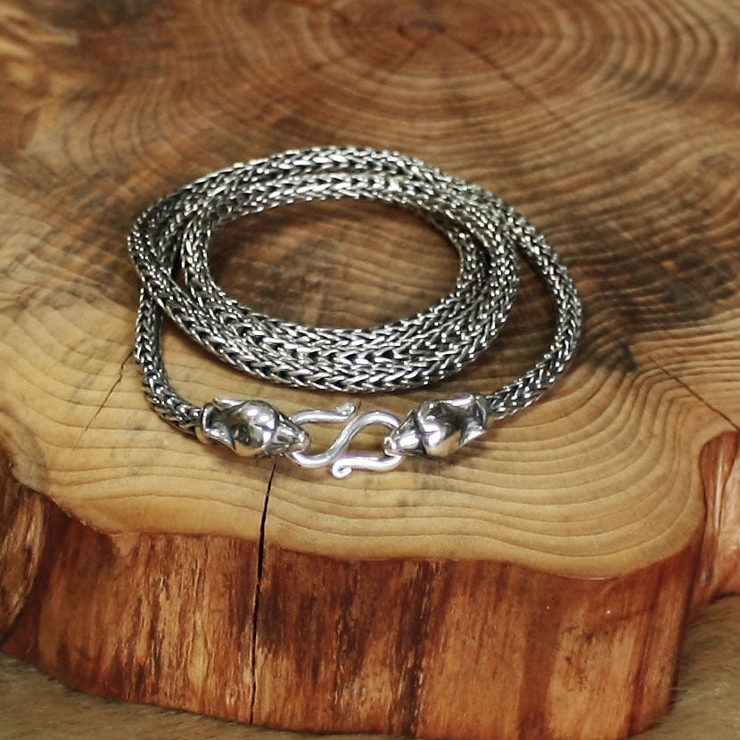 Slim Silver Snake Chain Necklace with Ferocious Wolf Heads - Viking Necklaces