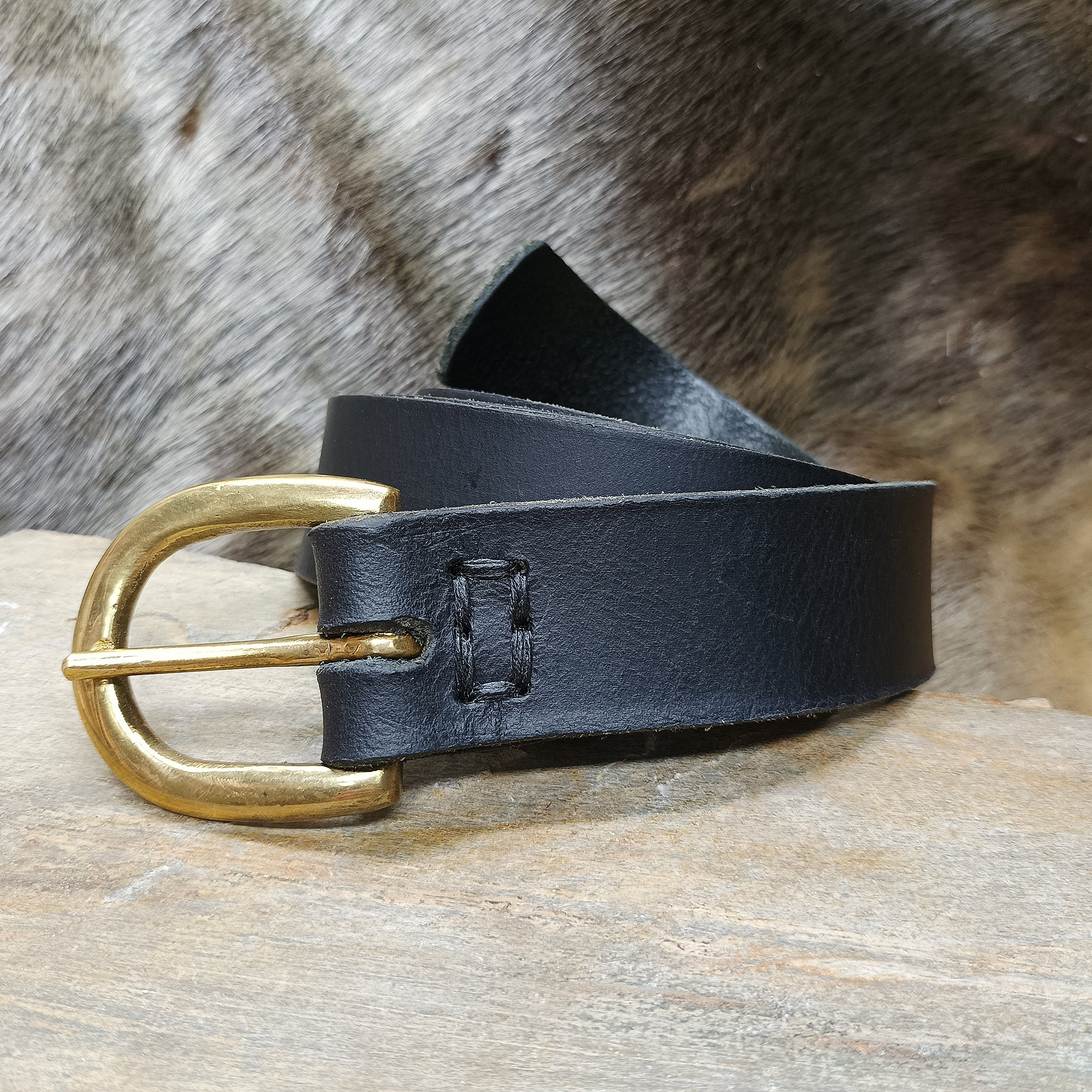 Black 32mm Wide Leather Viking Belt with Brass Buckle