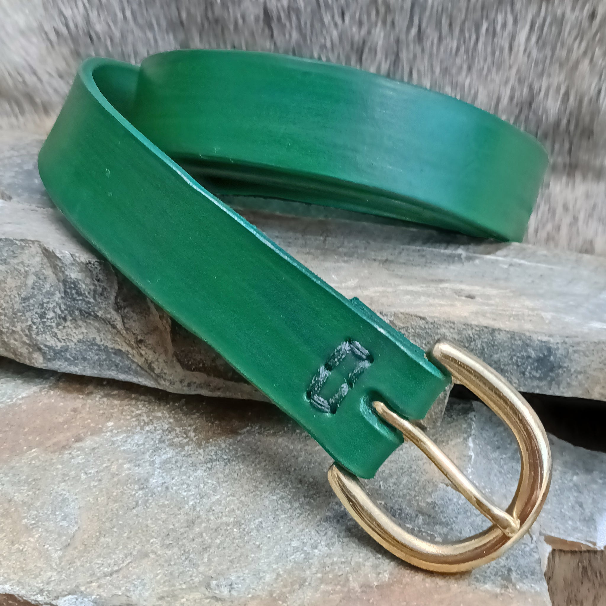 32mm Wide Long Green Leather Viking Belt with Brass Buckle
